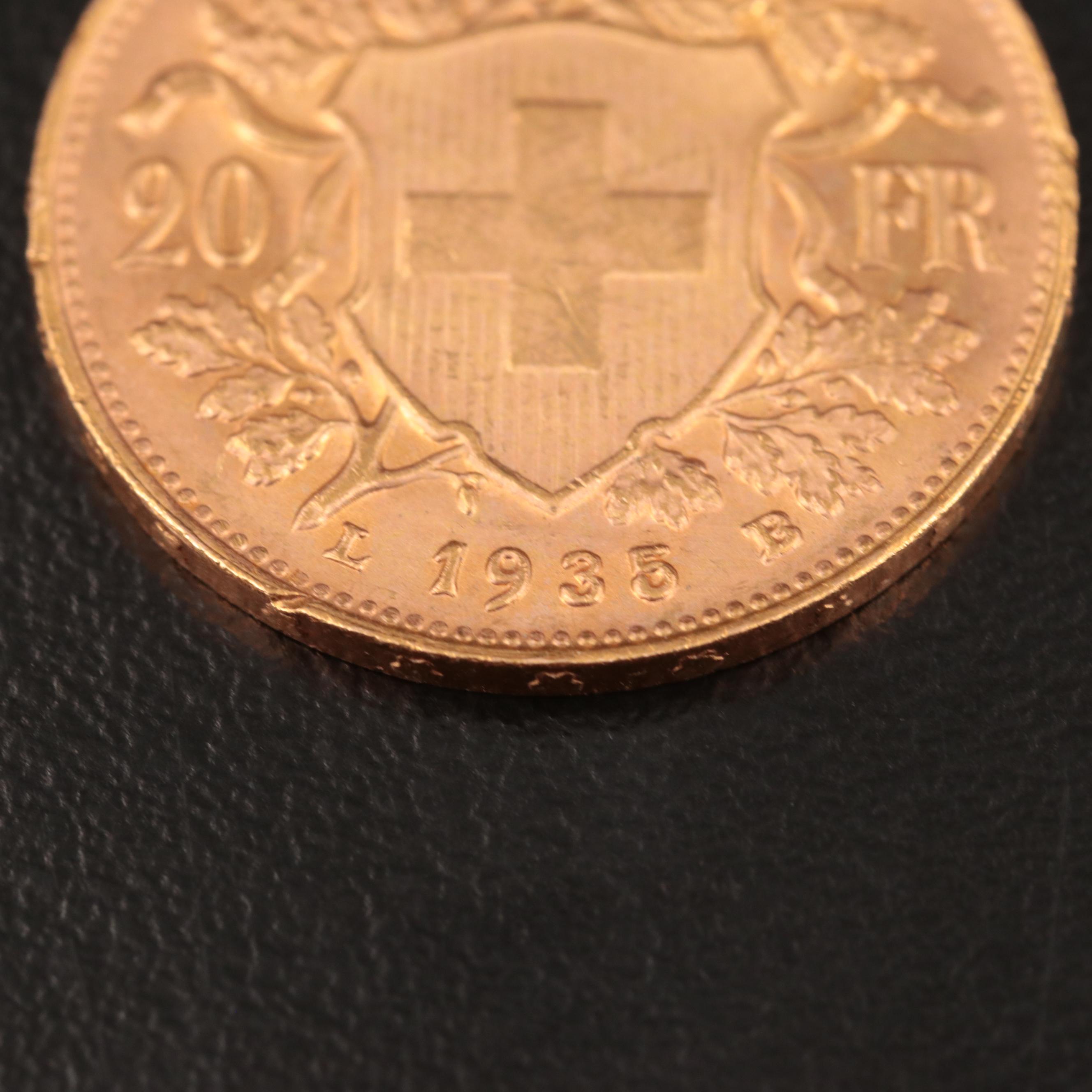 1935-LB Switzerland Twenty Francs Gold Coin