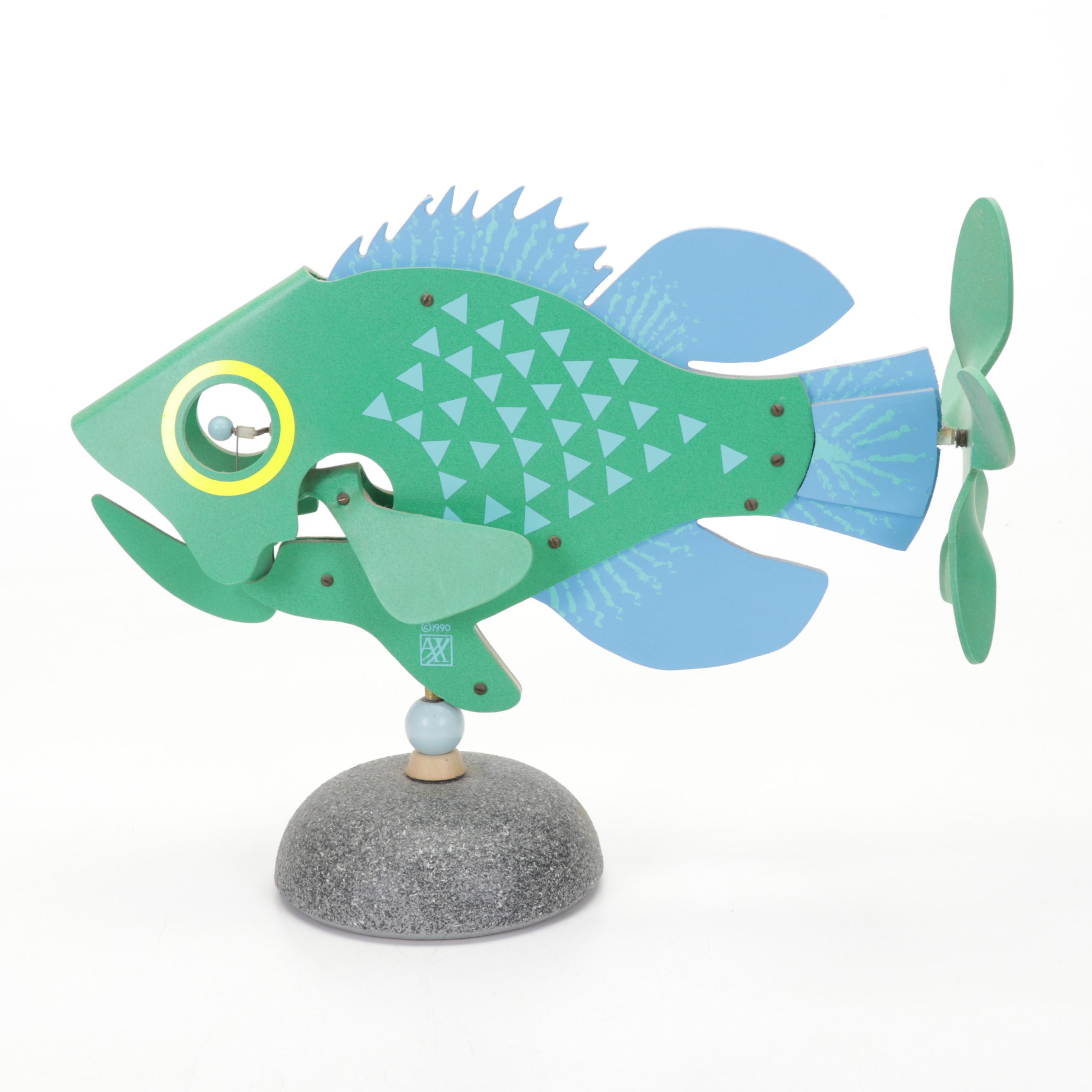 Spinning Wooden Fish Whirligig on Base, 1990