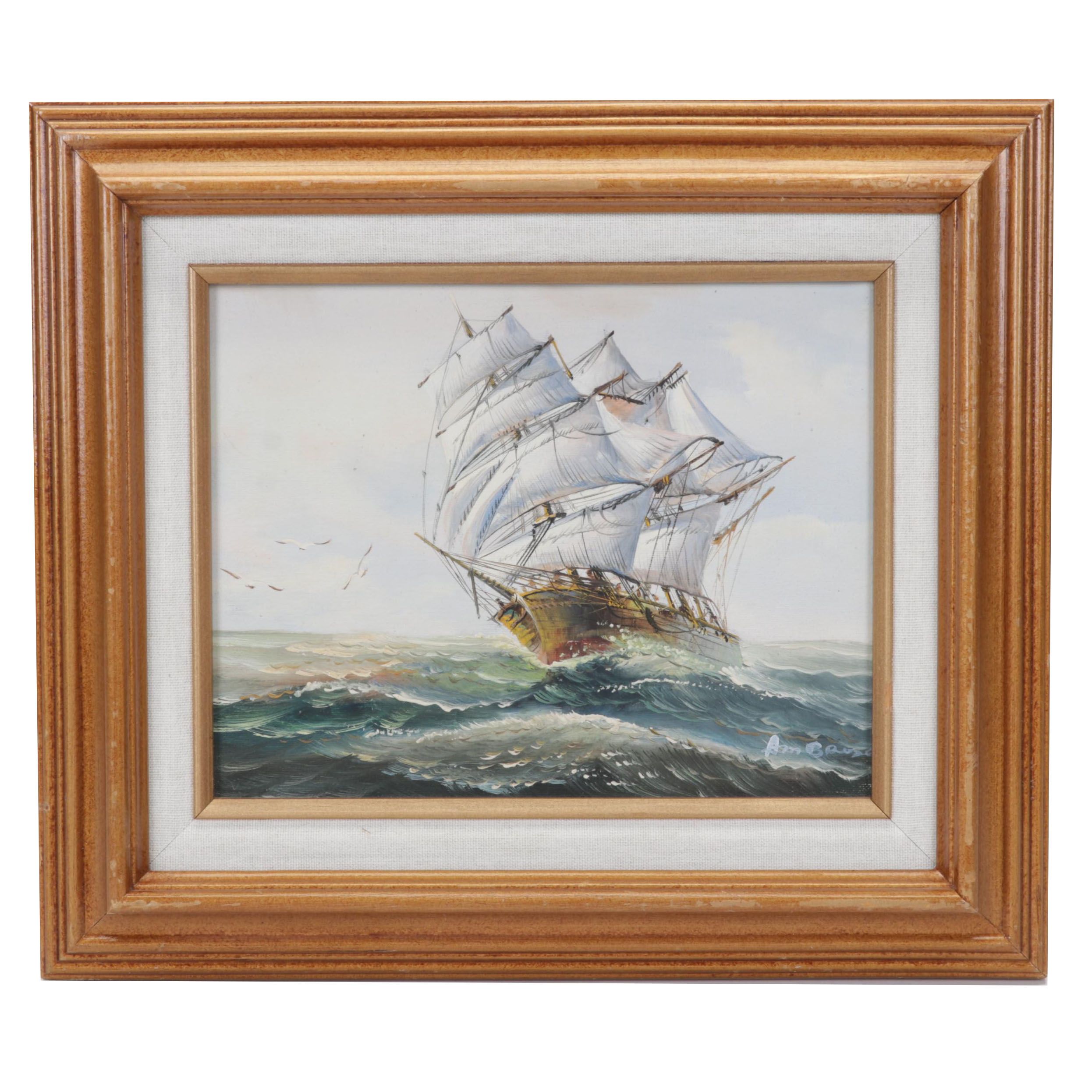 Maritime Oil Painting of Clipper Ship at Sea, Circa 2000