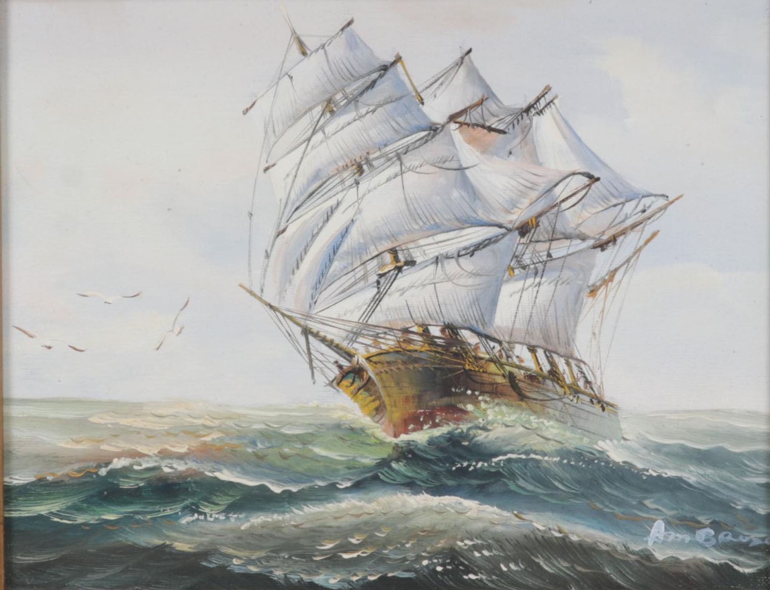 Maritime Oil Painting of Clipper Ship at Sea, Circa 2000