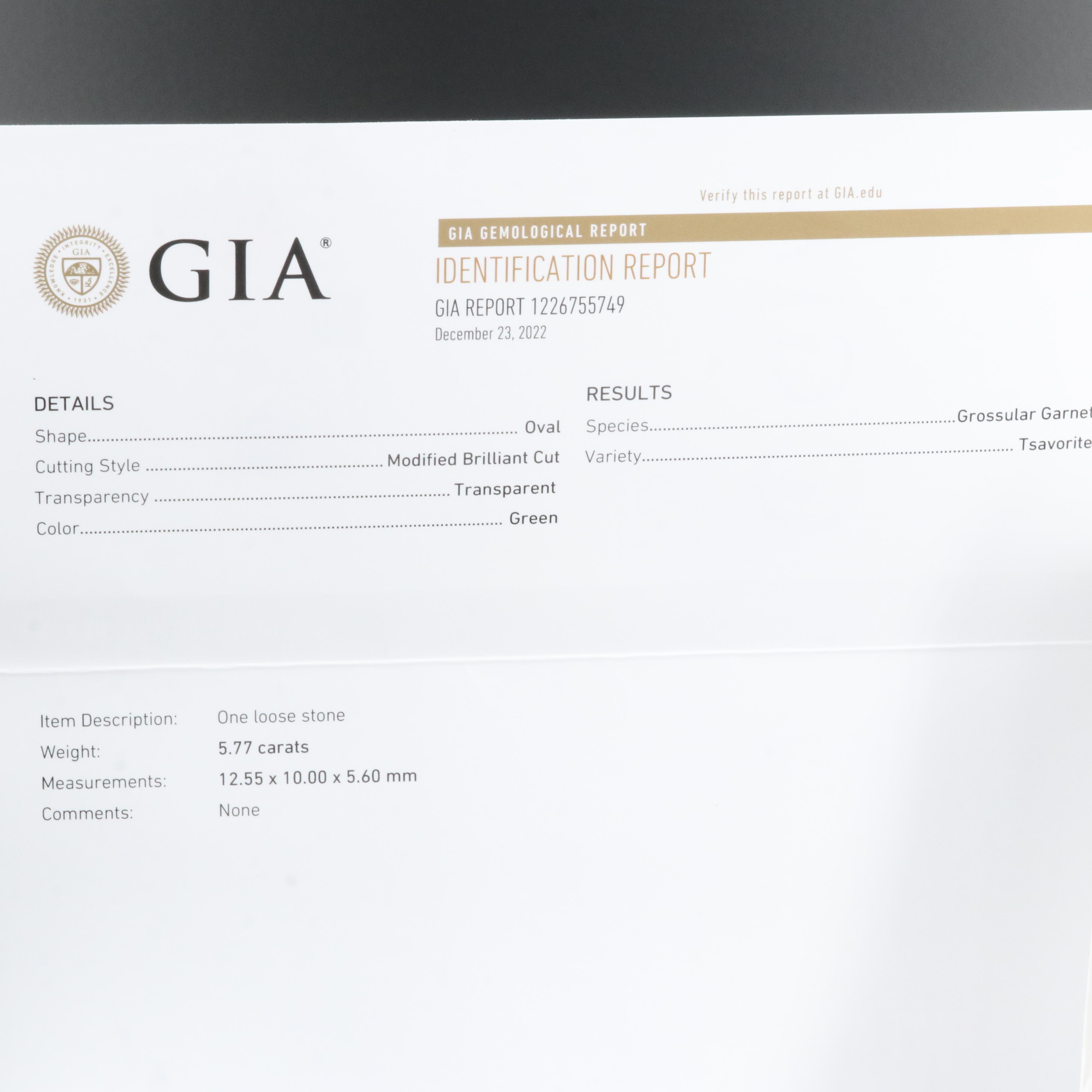 Platinum 5.77 CT Tsavorite and Diamond Ring with GIA Report and 18K Head