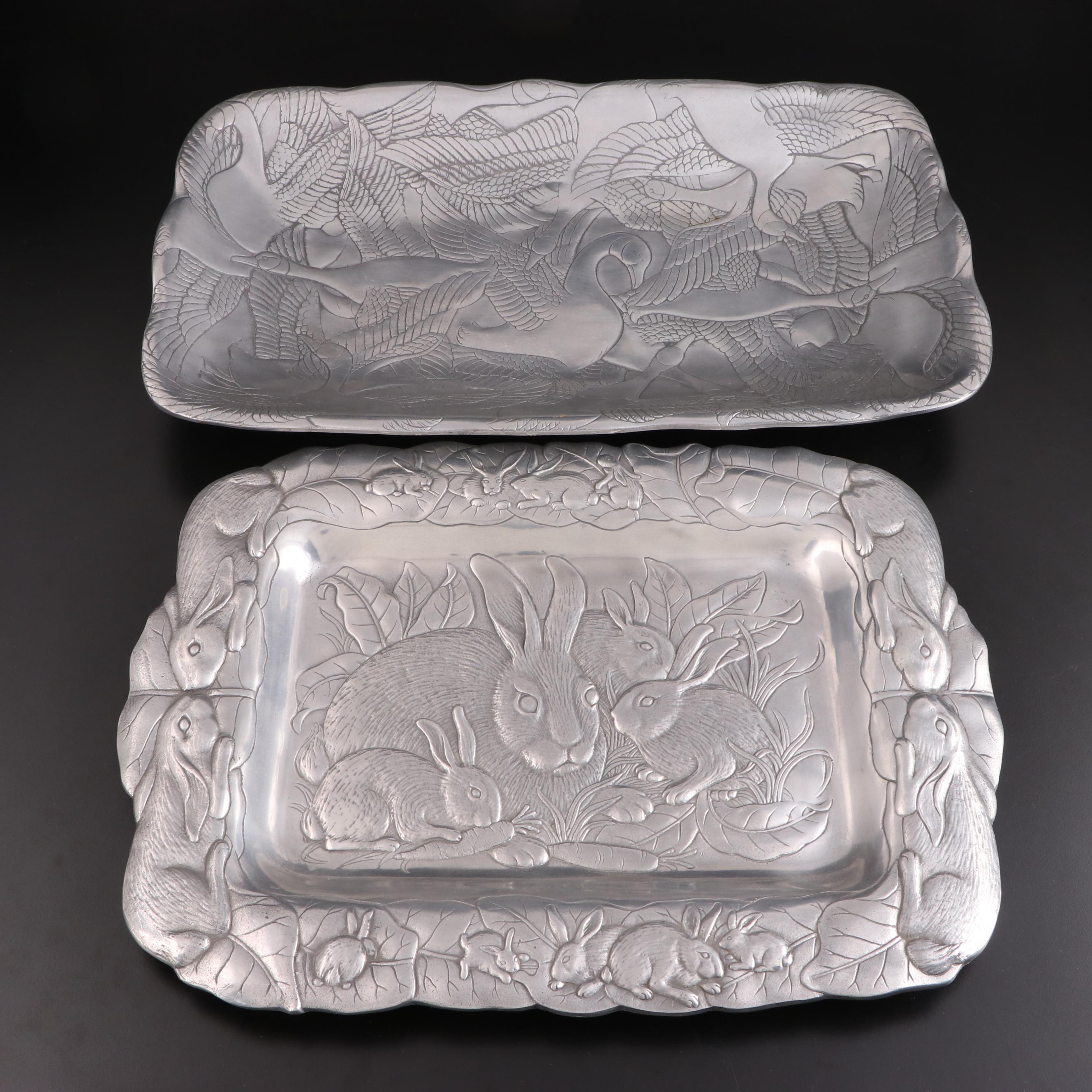 Arthur Court Aluminum Rabbit Platter and Wild Geese Platter, Late 20th Century