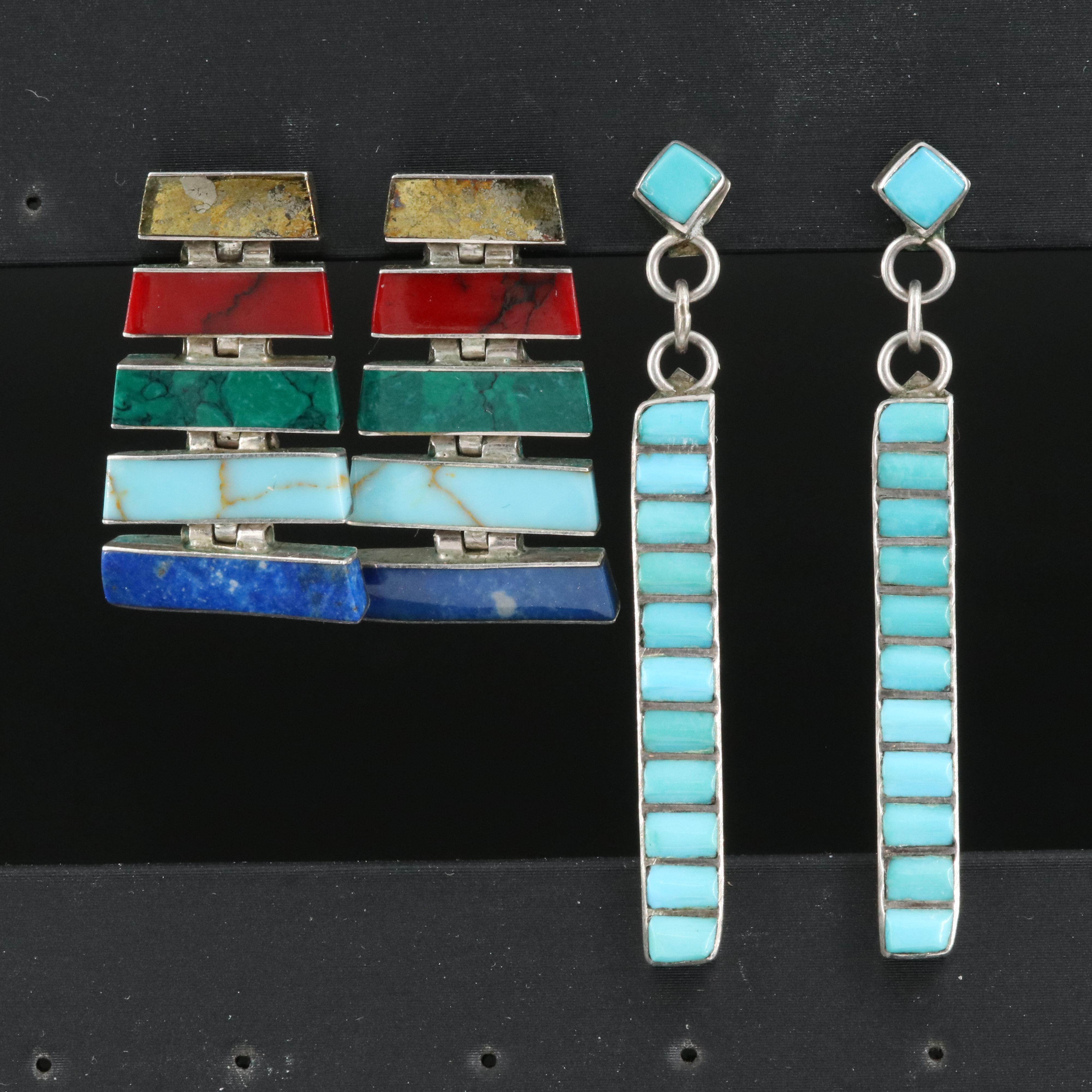 Sterling Earrings Including Lapis Lazuli, Faux Malachite and Turquoise