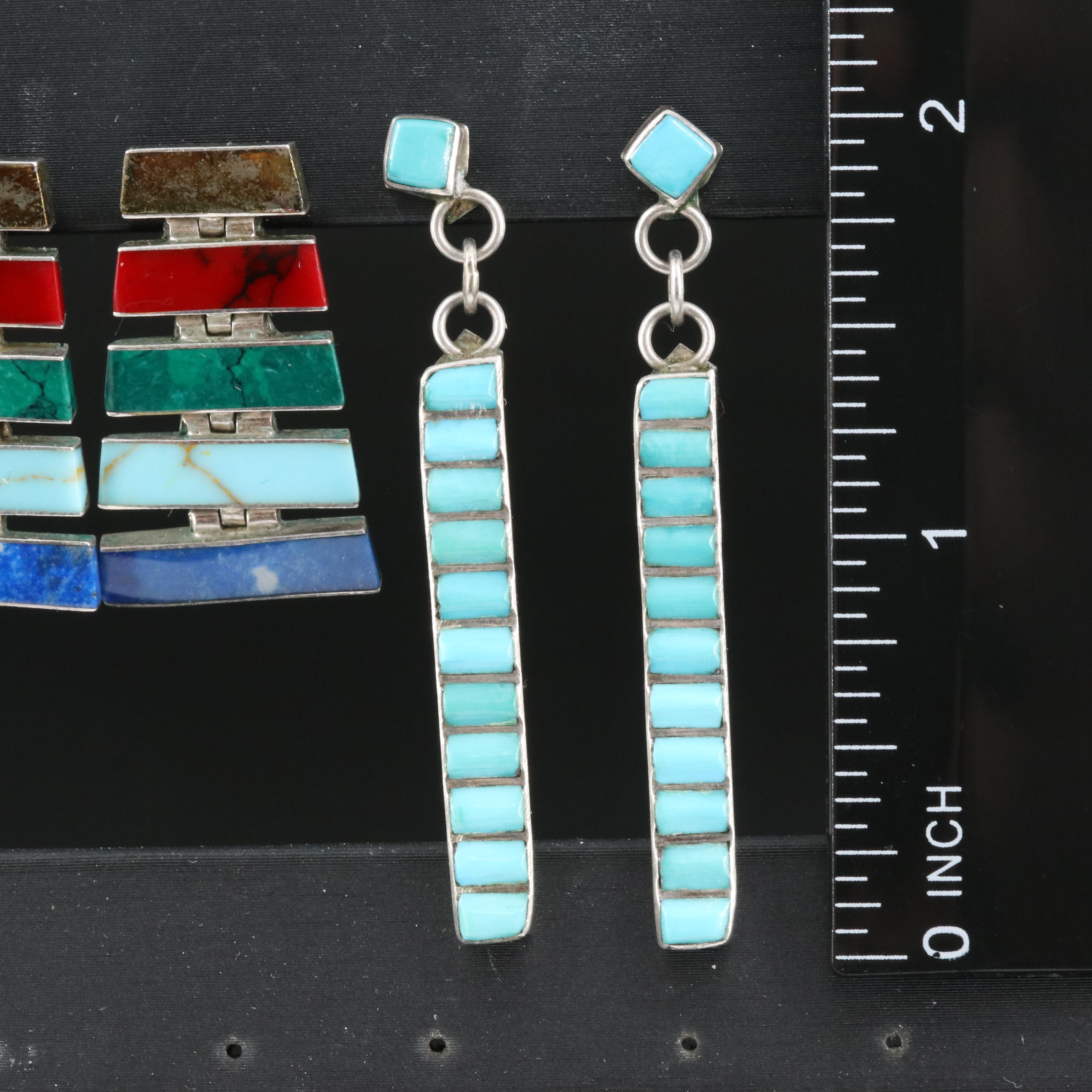 Sterling Earrings Including Lapis Lazuli, Faux Malachite and Turquoise