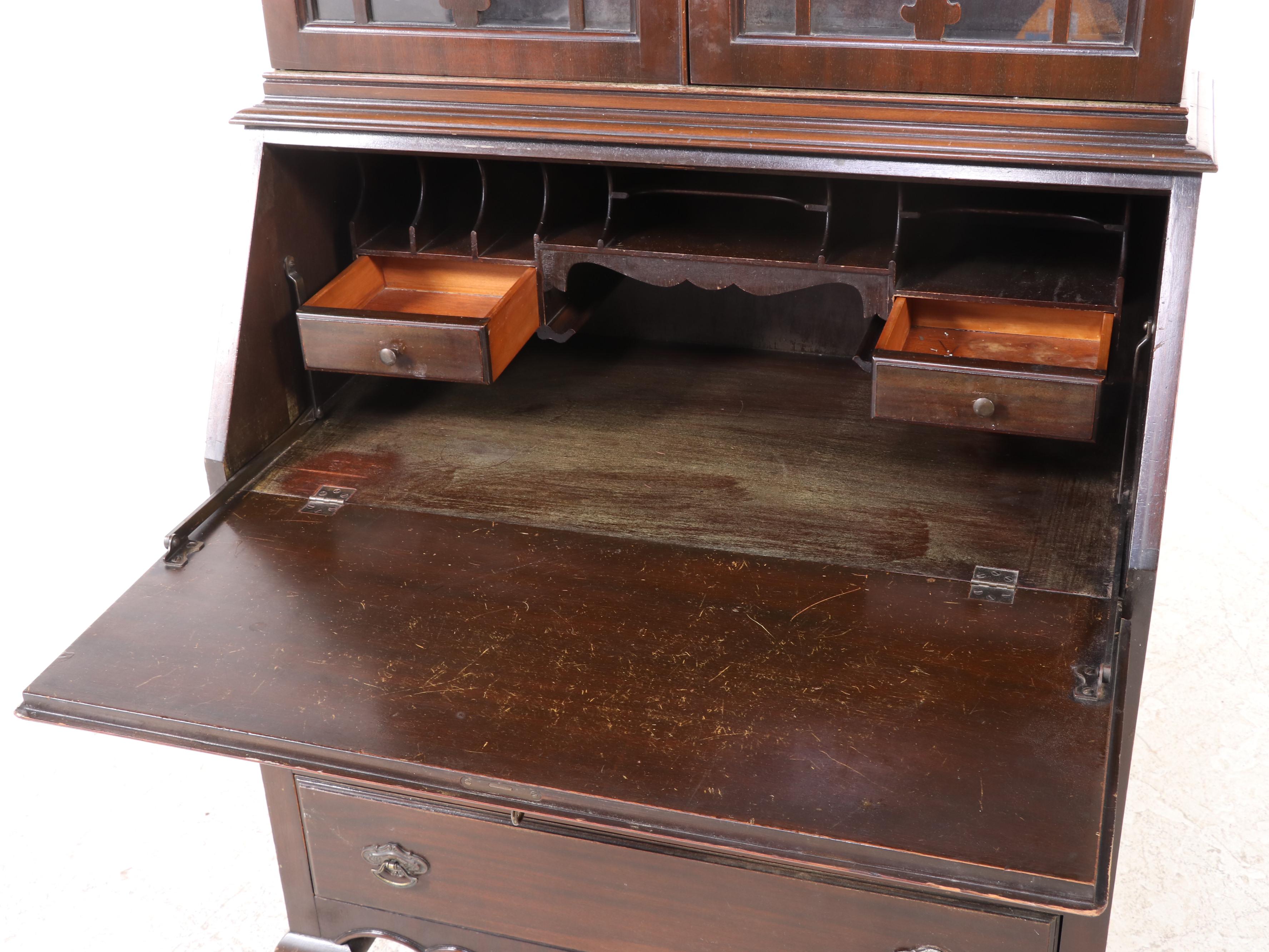 Queen Anne Style Mahogany-Finish Secretary Bookcase, 1930s-40s