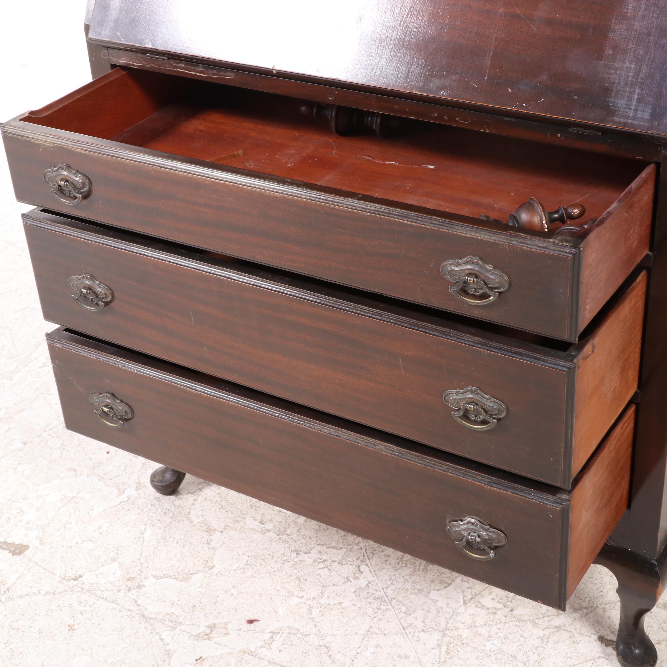 Queen Anne Style Mahogany-Finish Secretary Bookcase, 1930s-40s