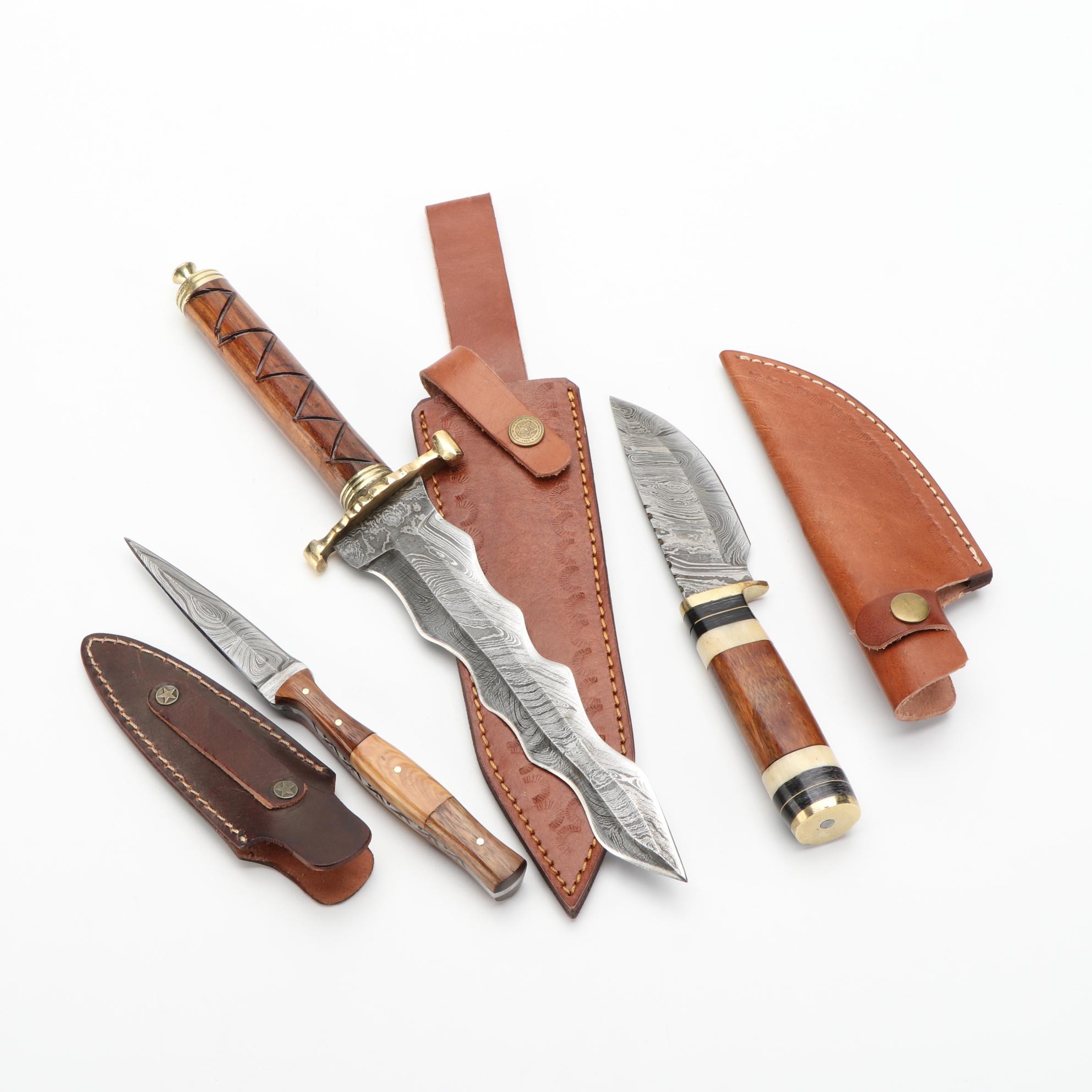 Damascus Steel and Wooden Handled Kris Style Knives with Scabbards