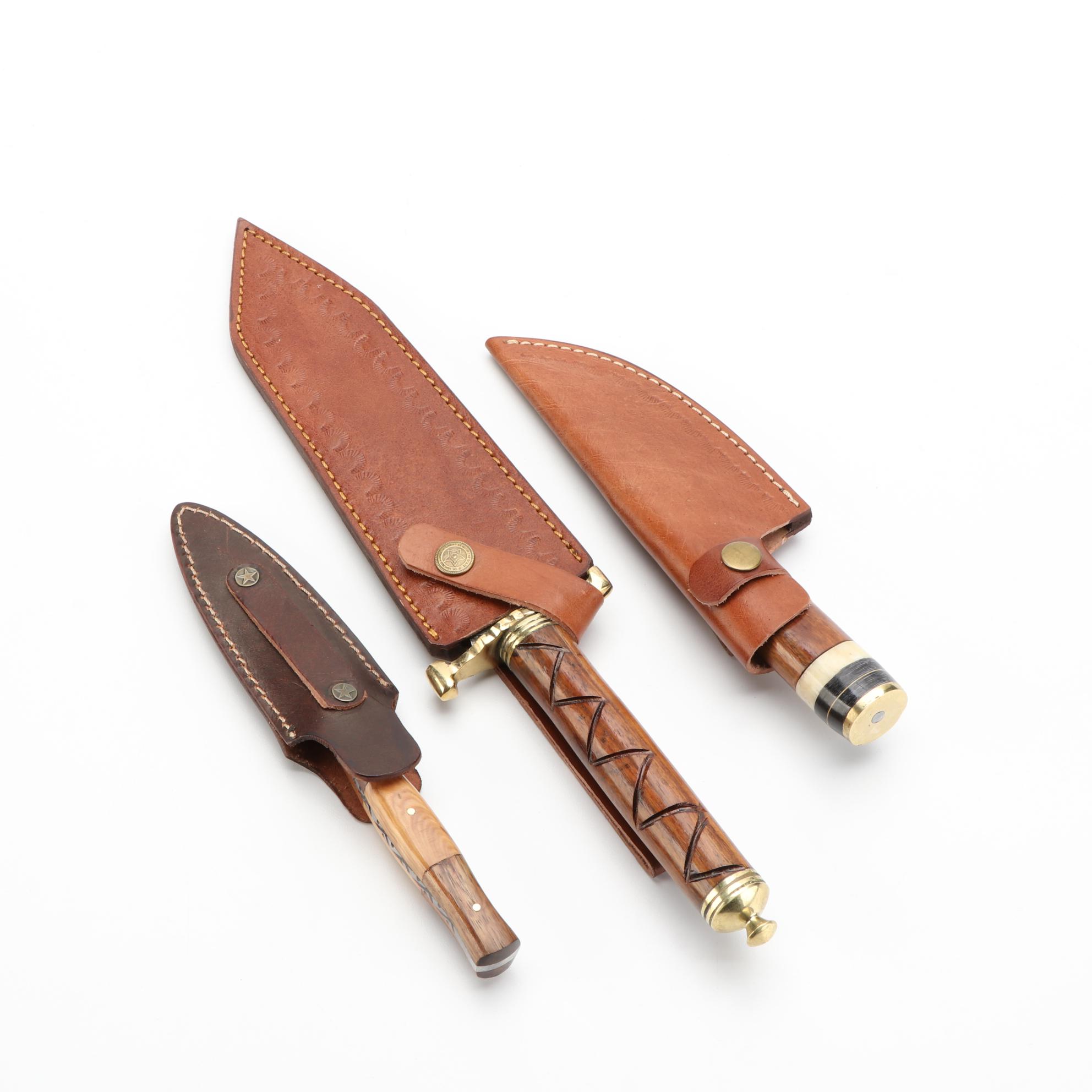 Damascus Steel and Wooden Handled Kris Style Knives with Scabbards