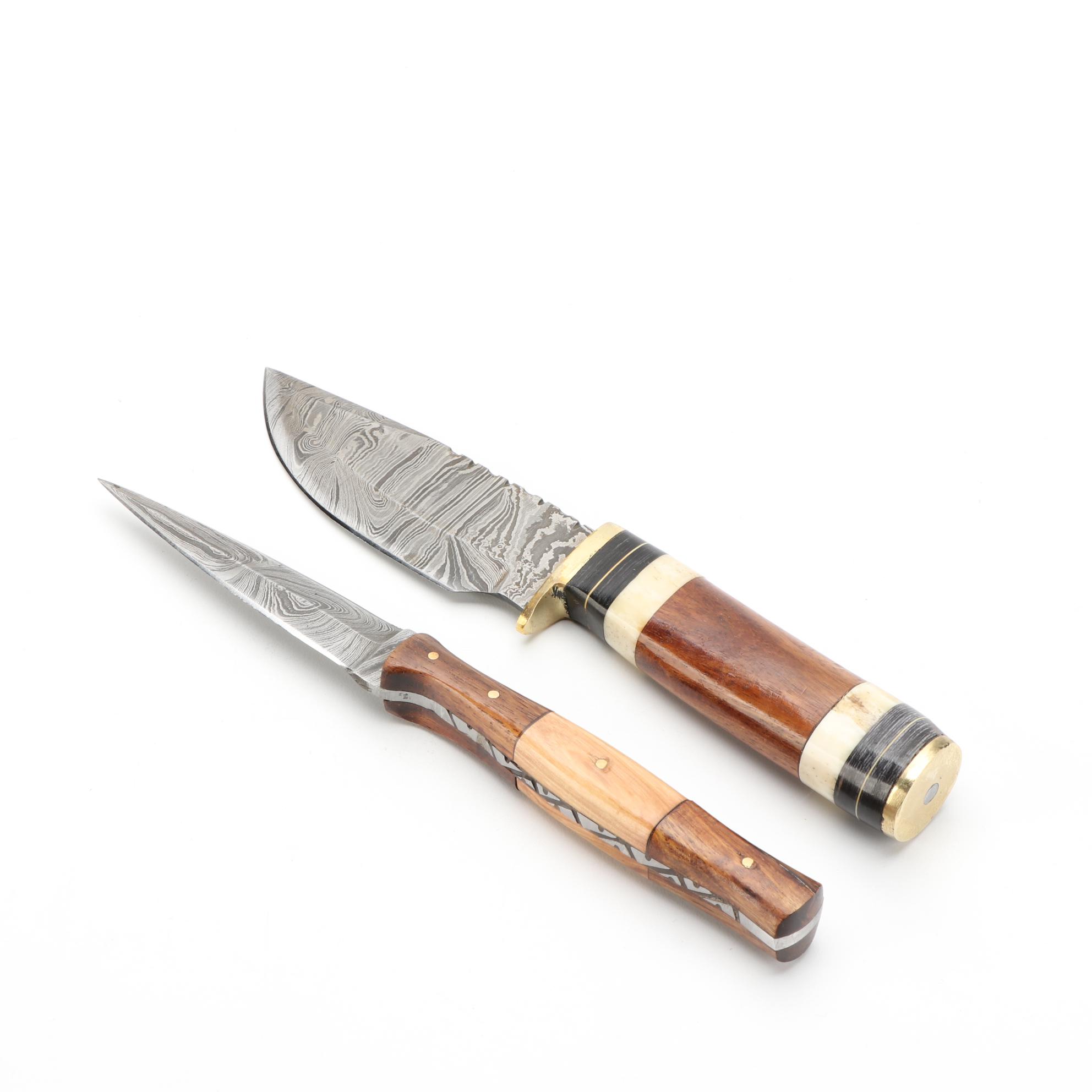 Damascus Steel and Wooden Handled Kris Style Knives with Scabbards