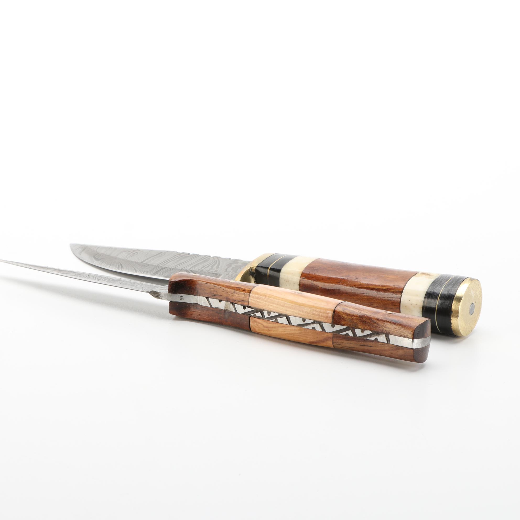 Damascus Steel and Wooden Handled Kris Style Knives with Scabbards