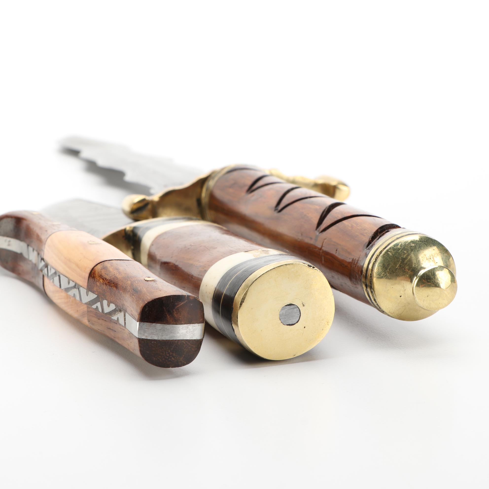 Damascus Steel and Wooden Handled Kris Style Knives with Scabbards