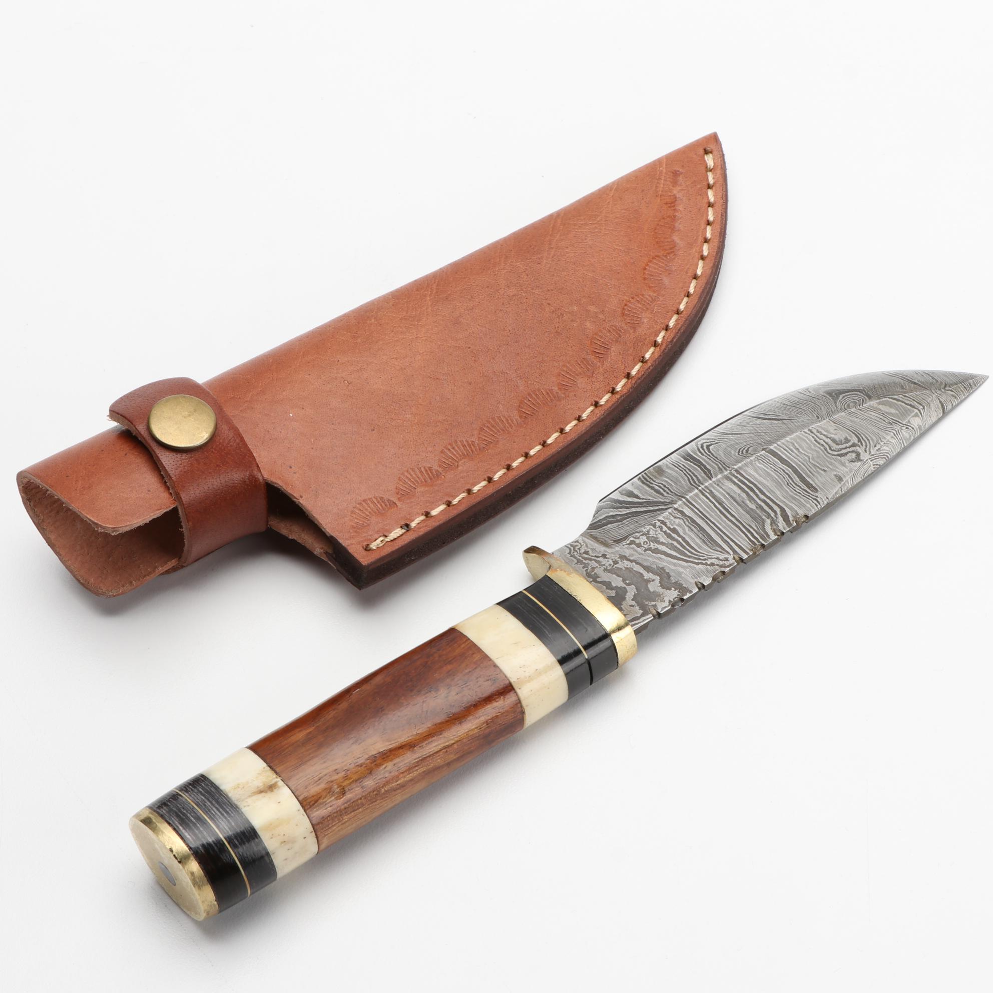 Damascus Steel and Wooden Handled Kris Style Knives with Scabbards