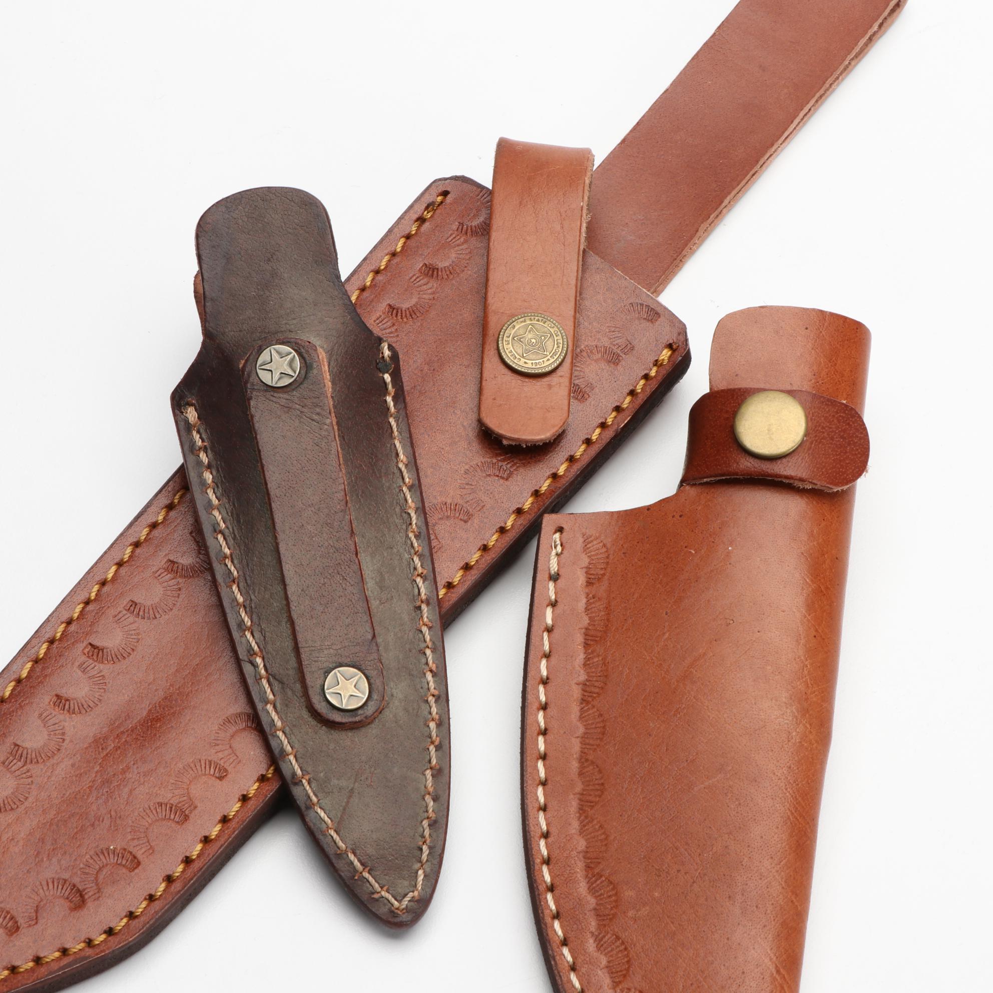 Damascus Steel and Wooden Handled Kris Style Knives with Scabbards