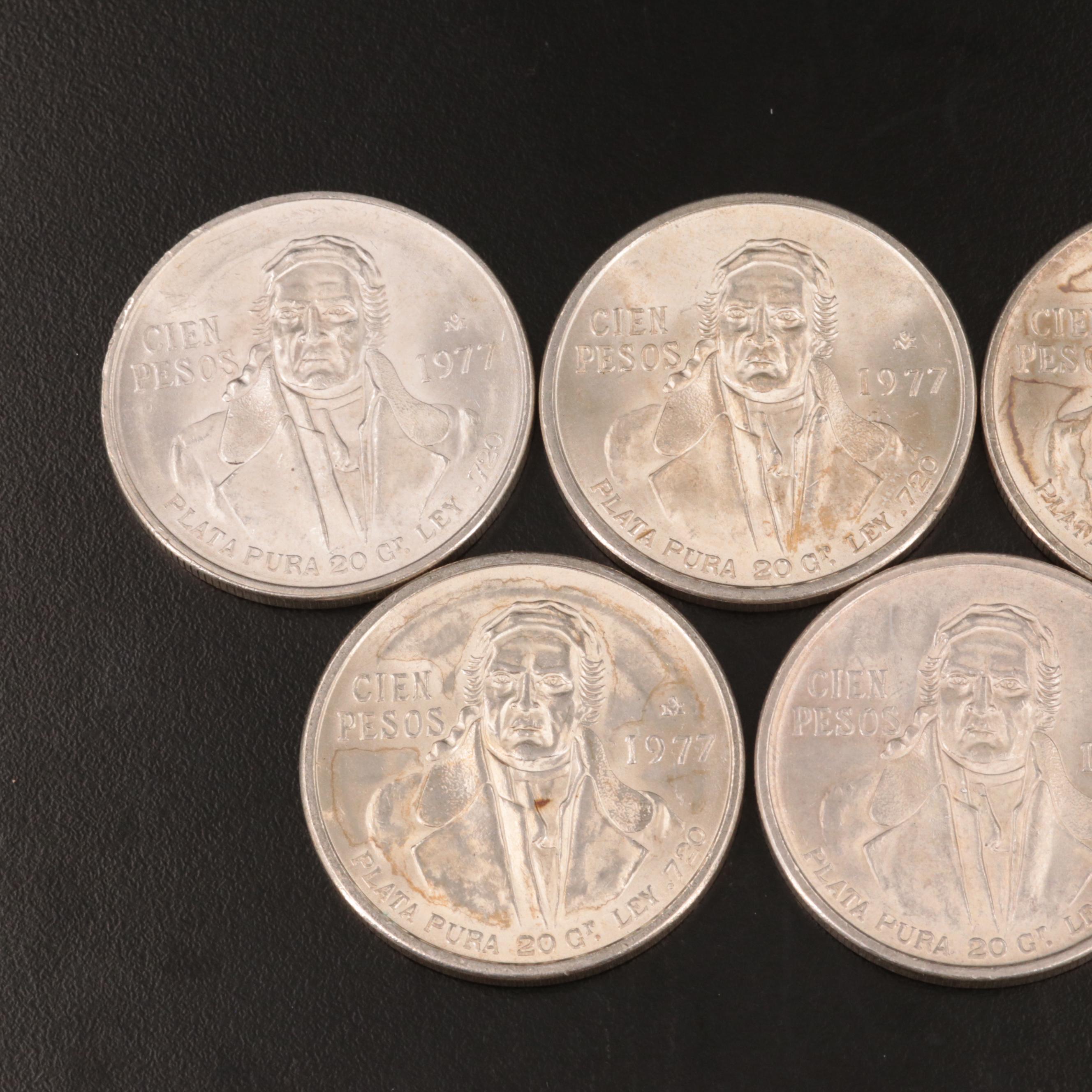 Five Mexican 100-Pesos Silver Coins