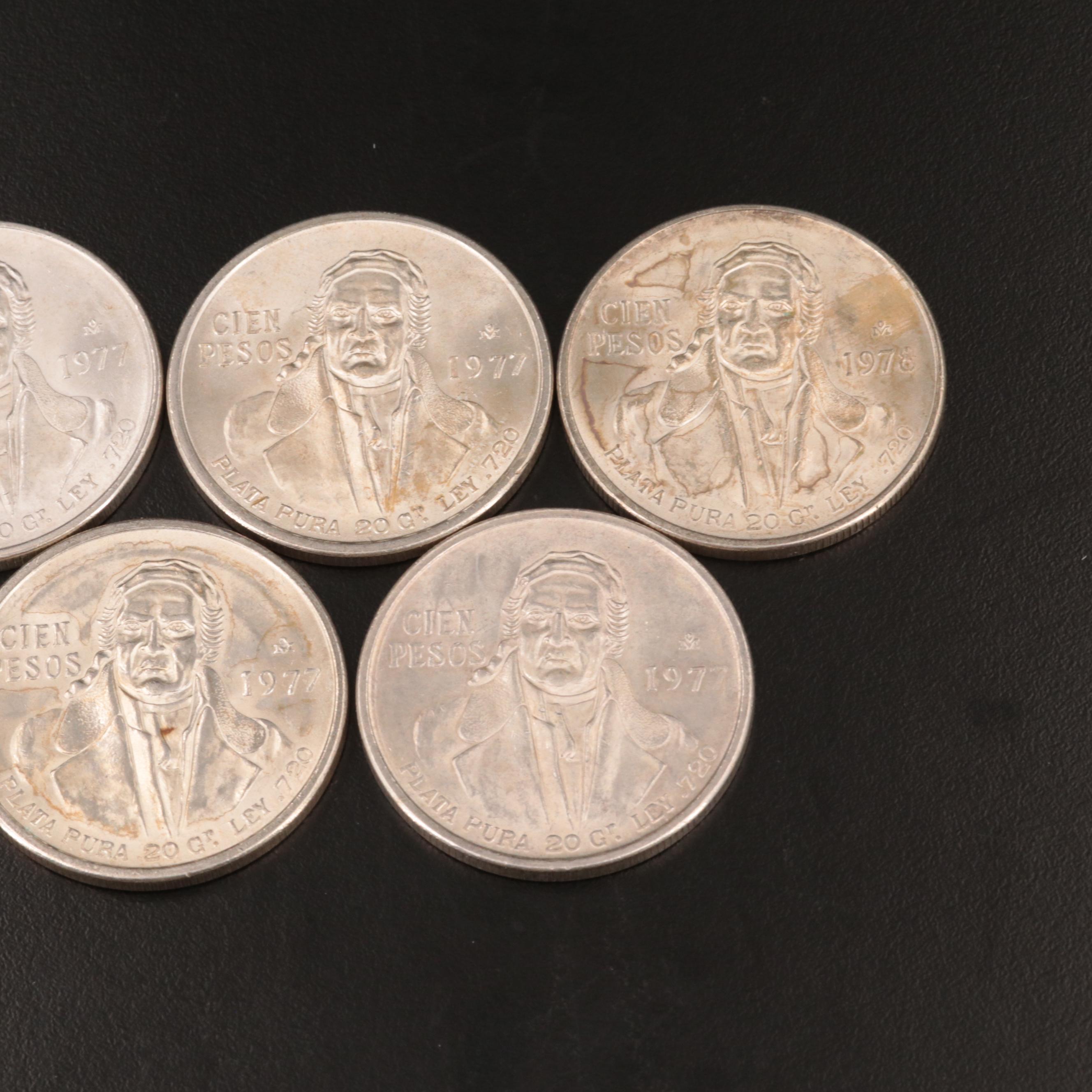 Five Mexican 100-Pesos Silver Coins