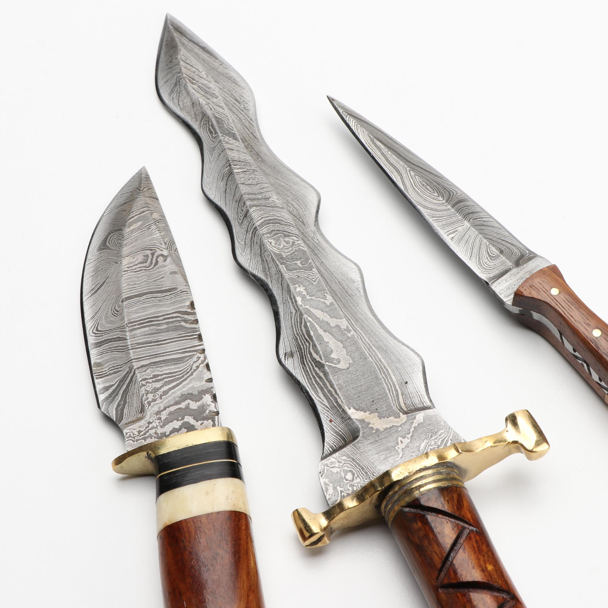 Damascus Steel and Wooden Handled Kris Style Knives with Scabbards