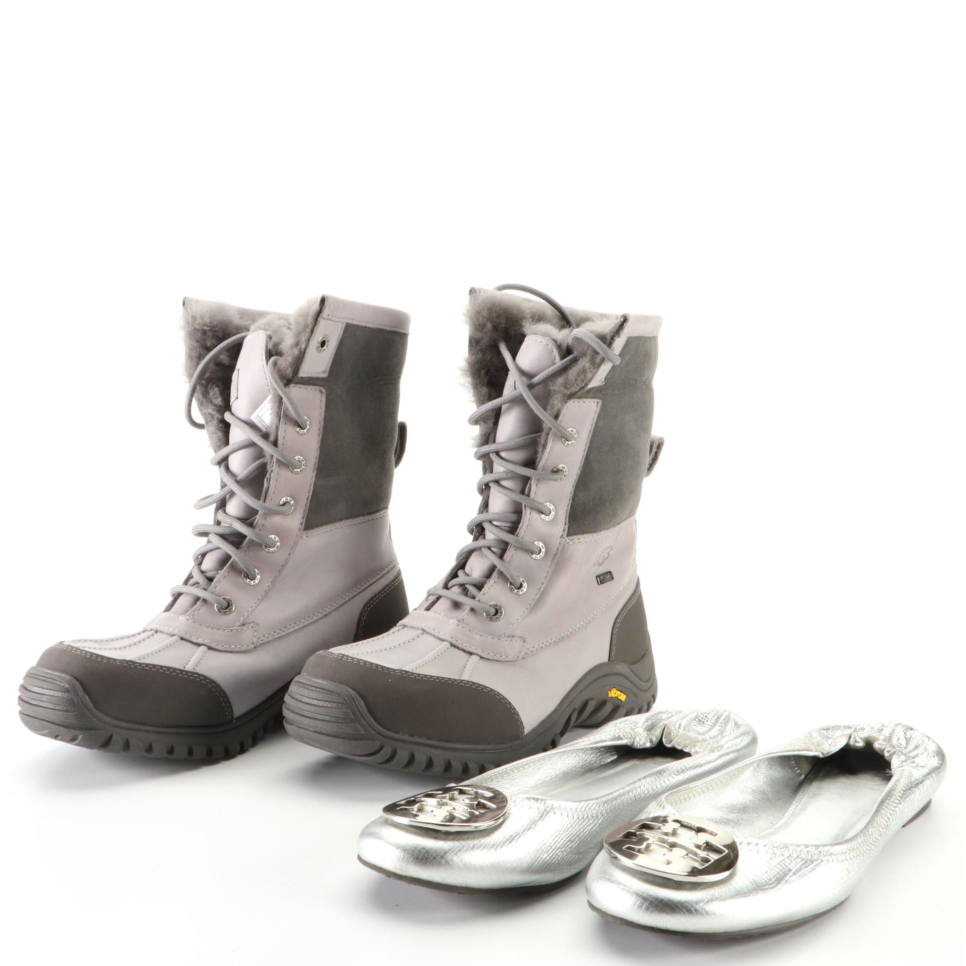 Ugg Lambskin Lined Hiking Boots and Tory Burch Flats in Metallic Finish Leather