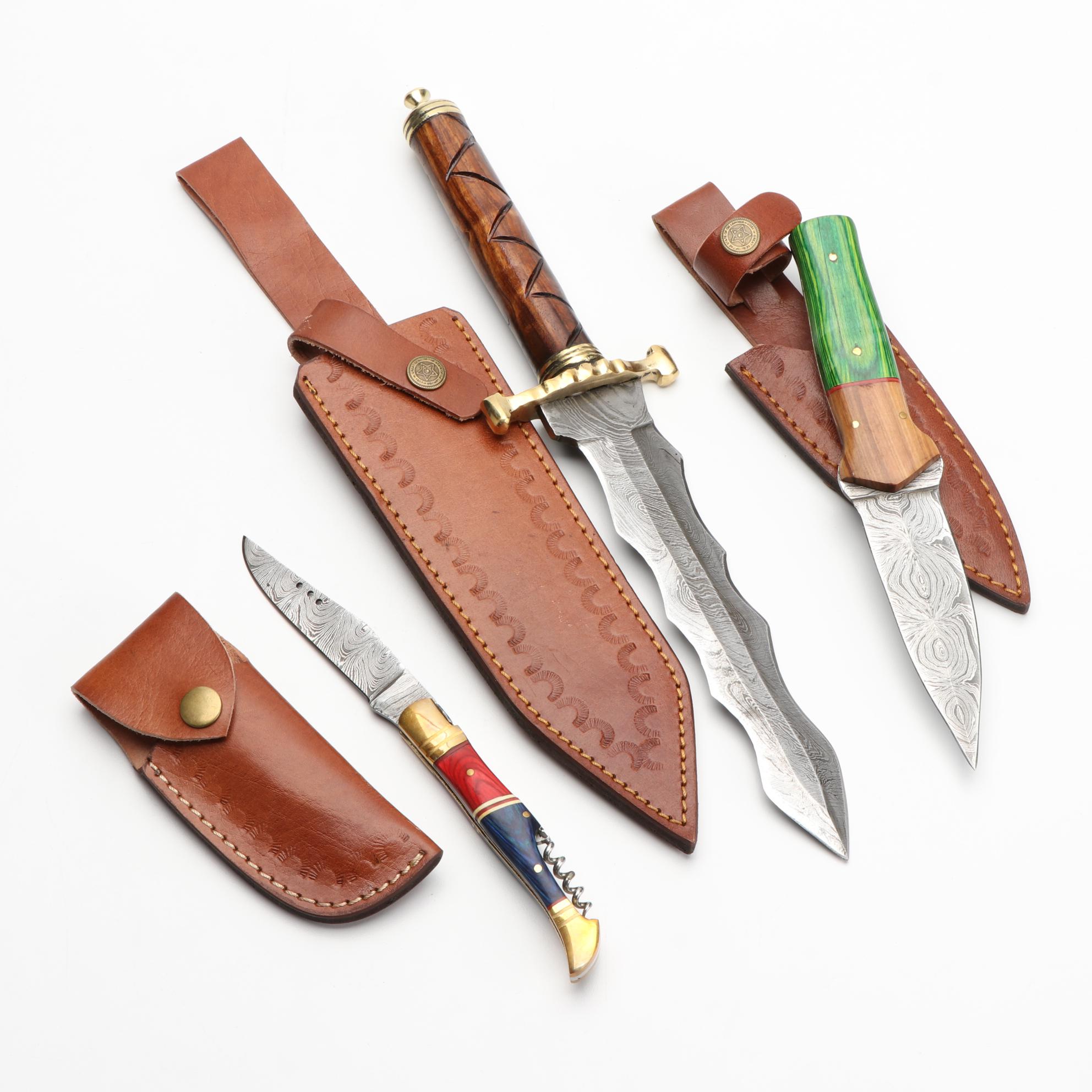 Handcrafted Damascus Steel and Wooden Handled Fixed Blade Knives with Scabbards
