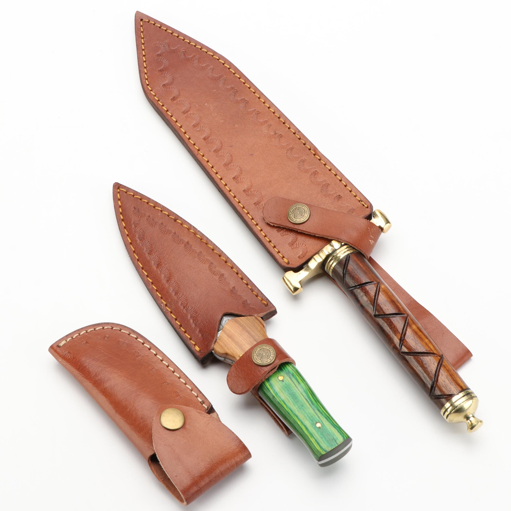 Handcrafted Damascus Steel and Wooden Handled Fixed Blade Knives with Scabbards