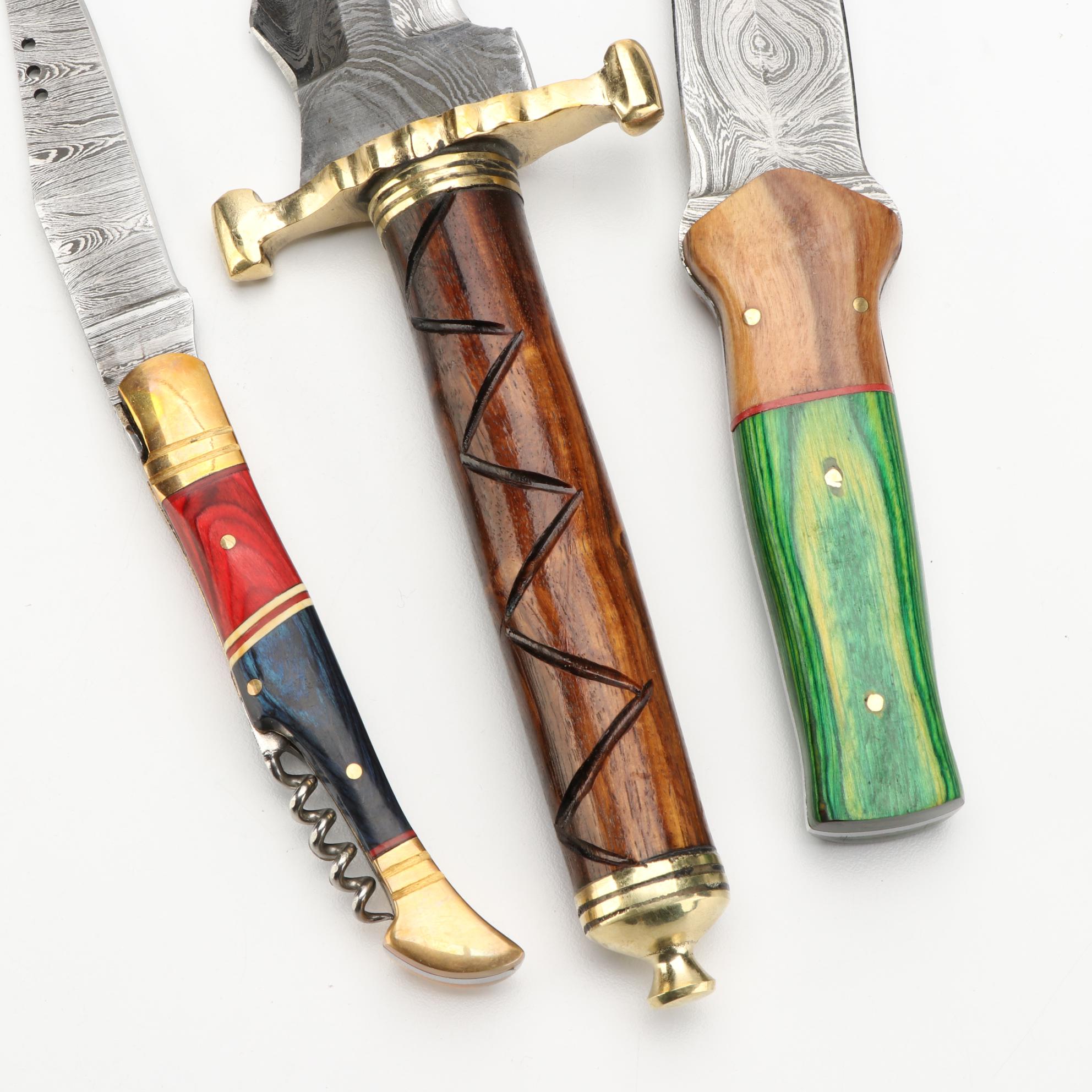 Handcrafted Damascus Steel and Wooden Handled Fixed Blade Knives with Scabbards