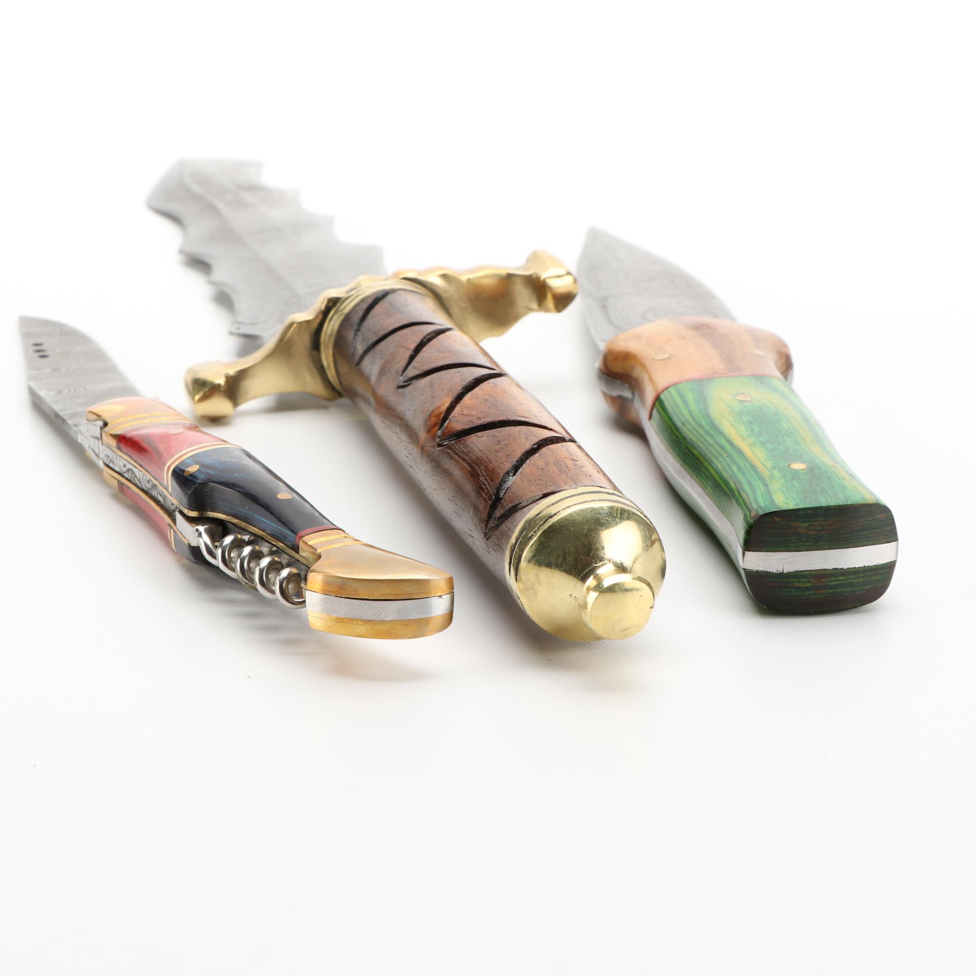 Handcrafted Damascus Steel and Wooden Handled Fixed Blade Knives with Scabbards