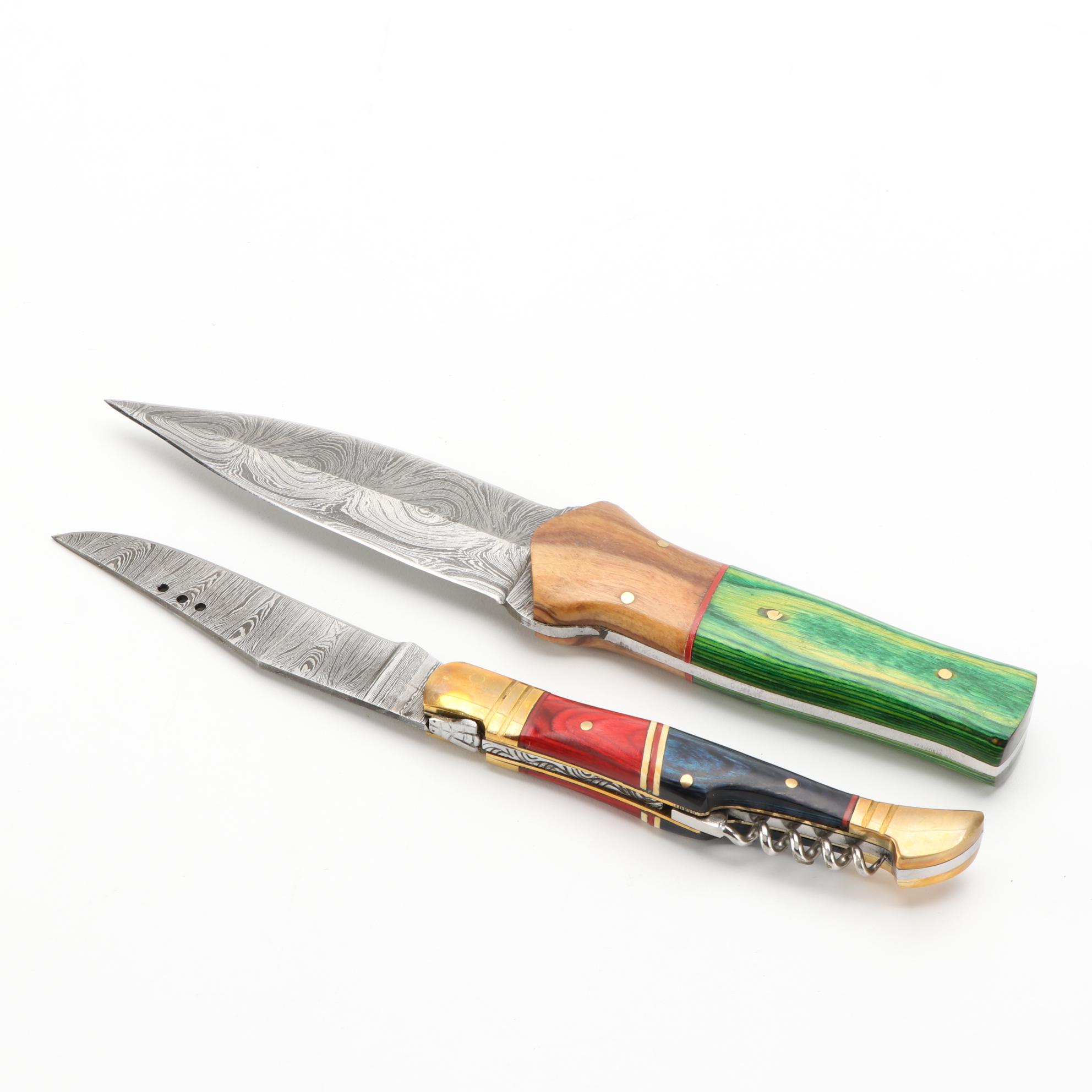 Handcrafted Damascus Steel and Wooden Handled Fixed Blade Knives with Scabbards