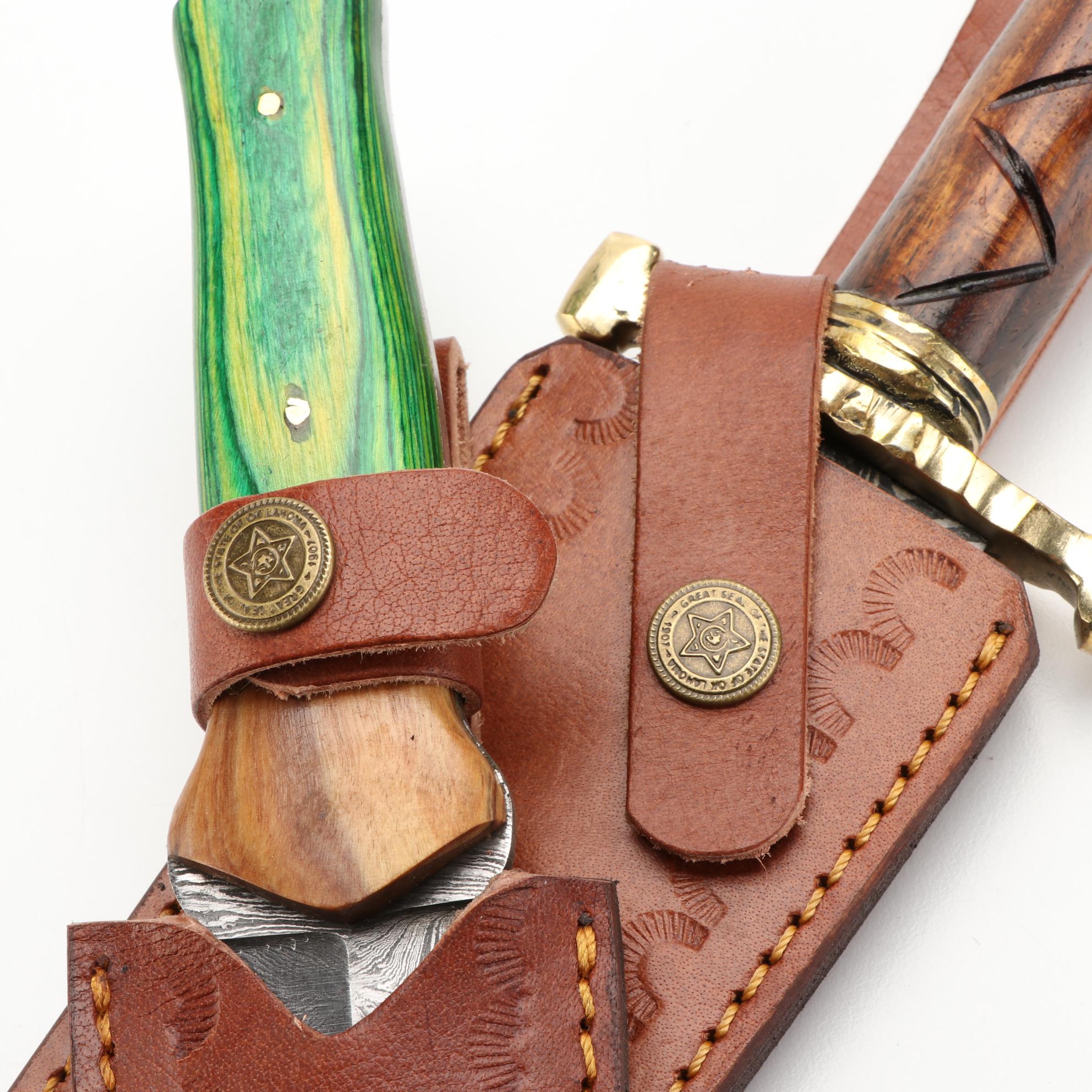 Handcrafted Damascus Steel and Wooden Handled Fixed Blade Knives with Scabbards