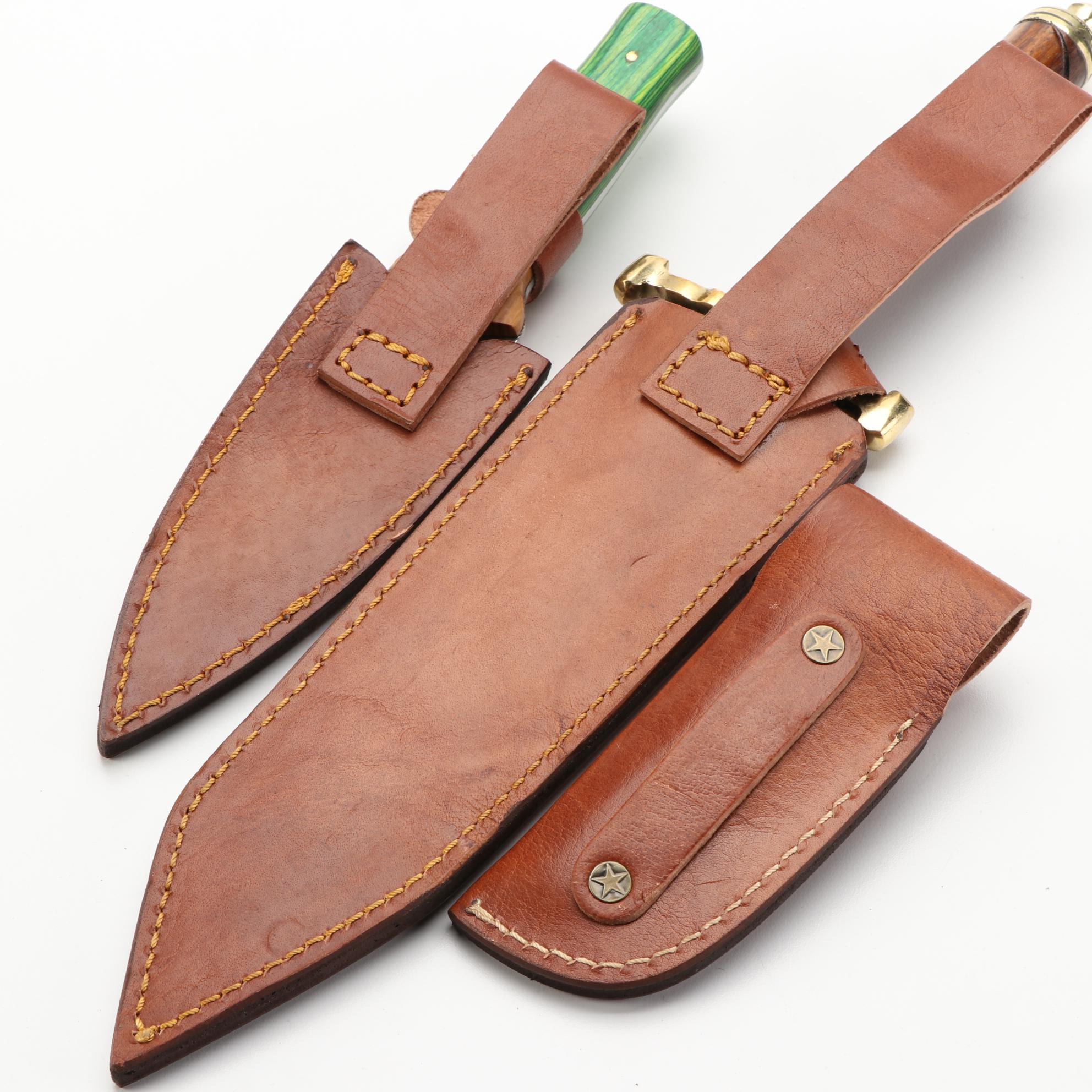 Handcrafted Damascus Steel and Wooden Handled Fixed Blade Knives with Scabbards