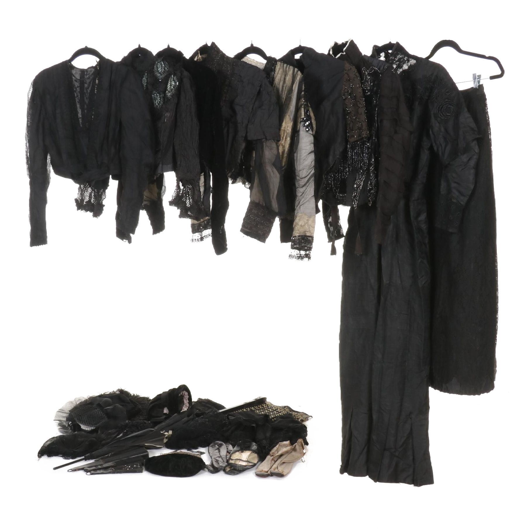 Late Victorian Beaded and Lace Bodices, Skirt, Mourning Jackets, and Accessories