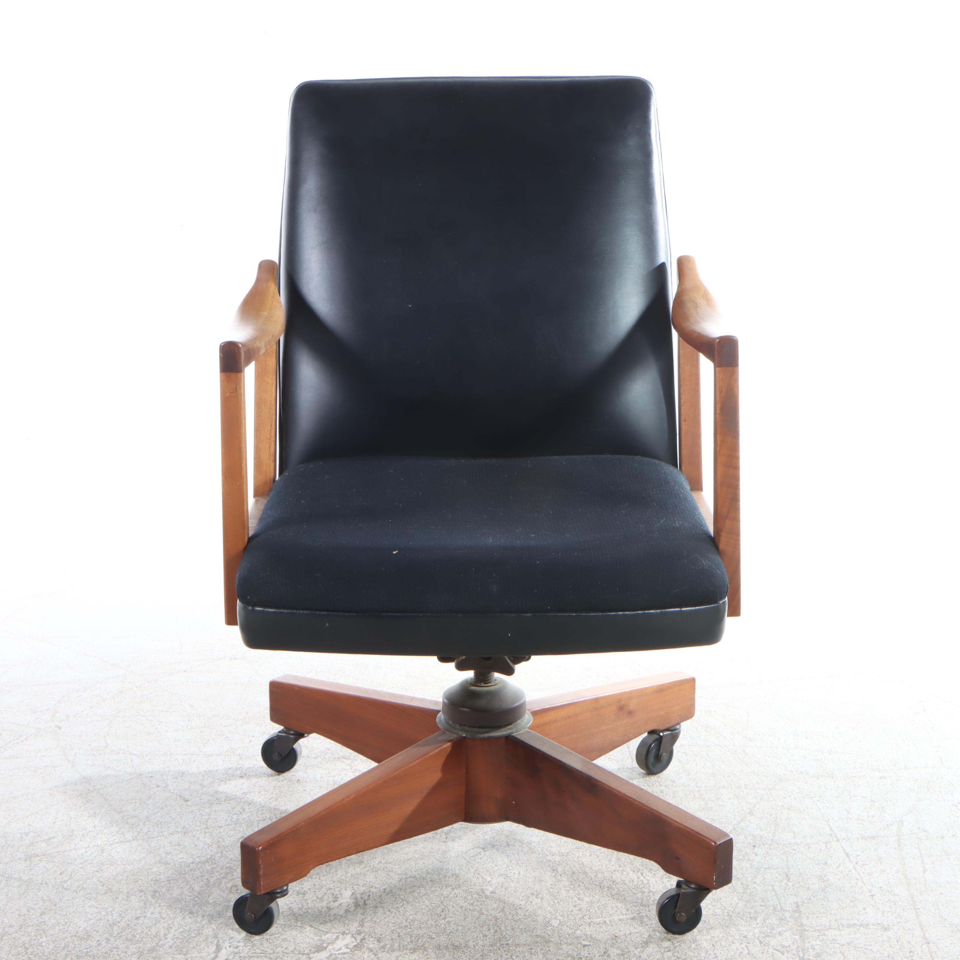 W. H. Gunlocke Mid Century Modern Wood and Vinyl Rolling Desk Chair