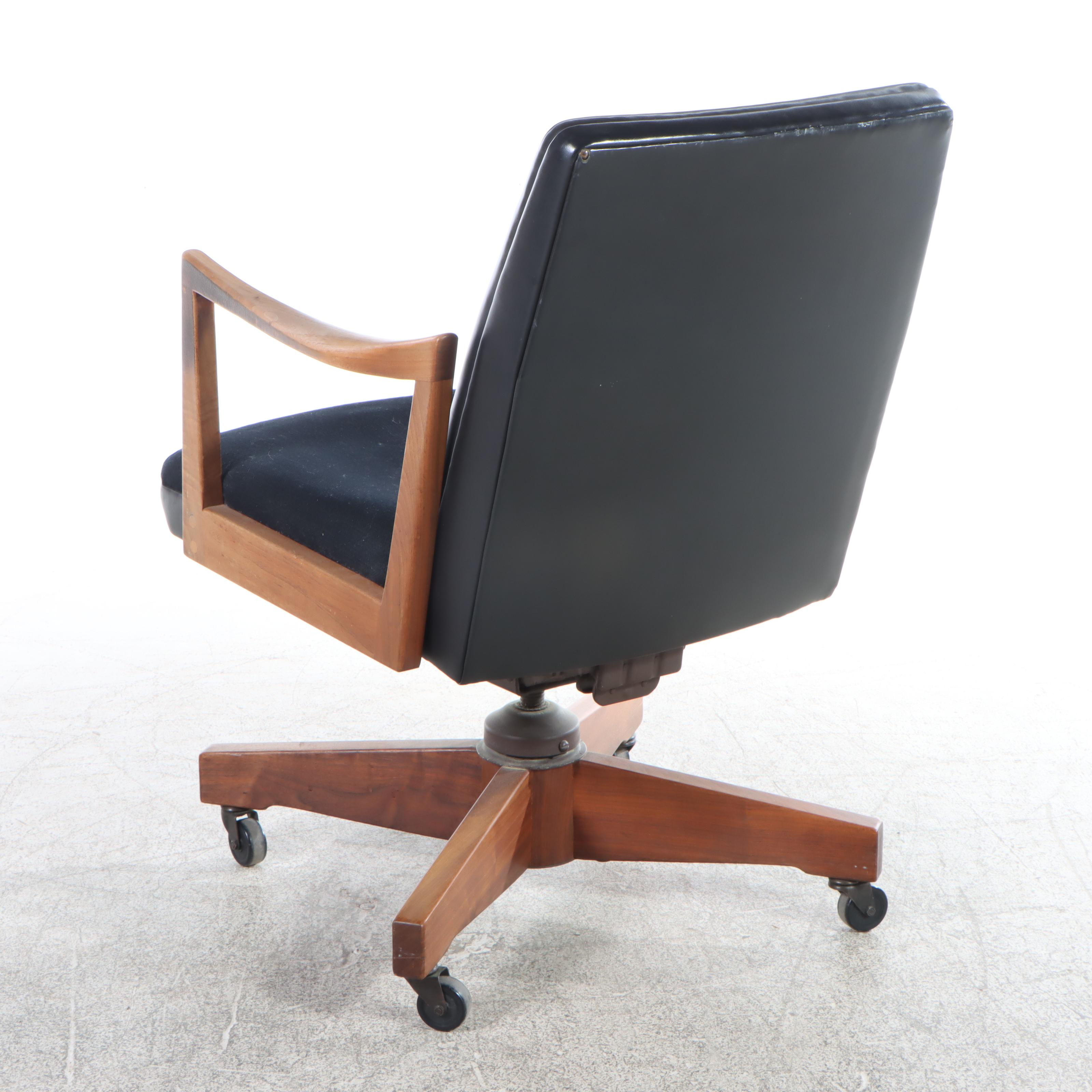 W. H. Gunlocke Mid Century Modern Wood and Vinyl Rolling Desk Chair