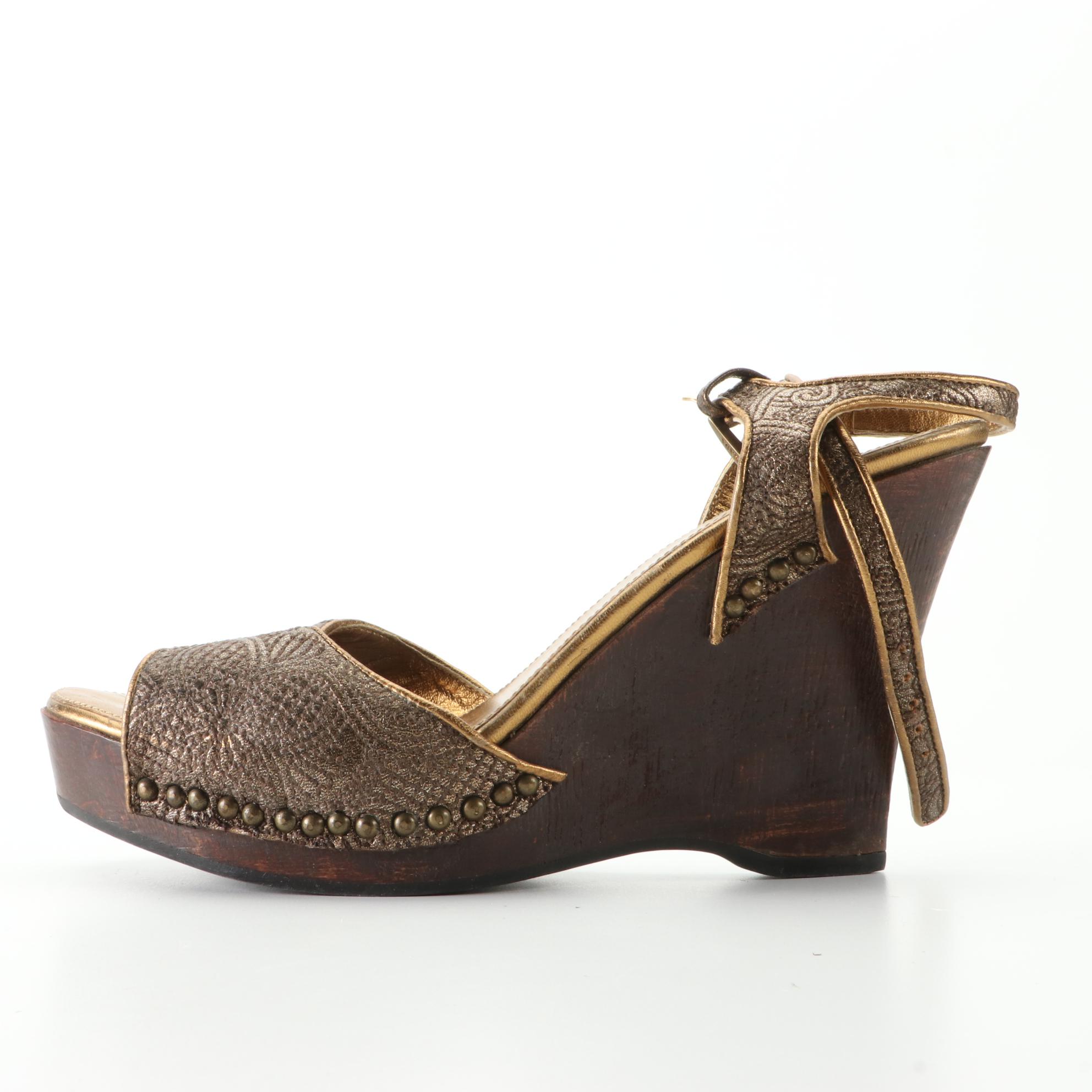 Prada Wedge Sandals in Floral Embossed Metallic Finish Leather and Wood