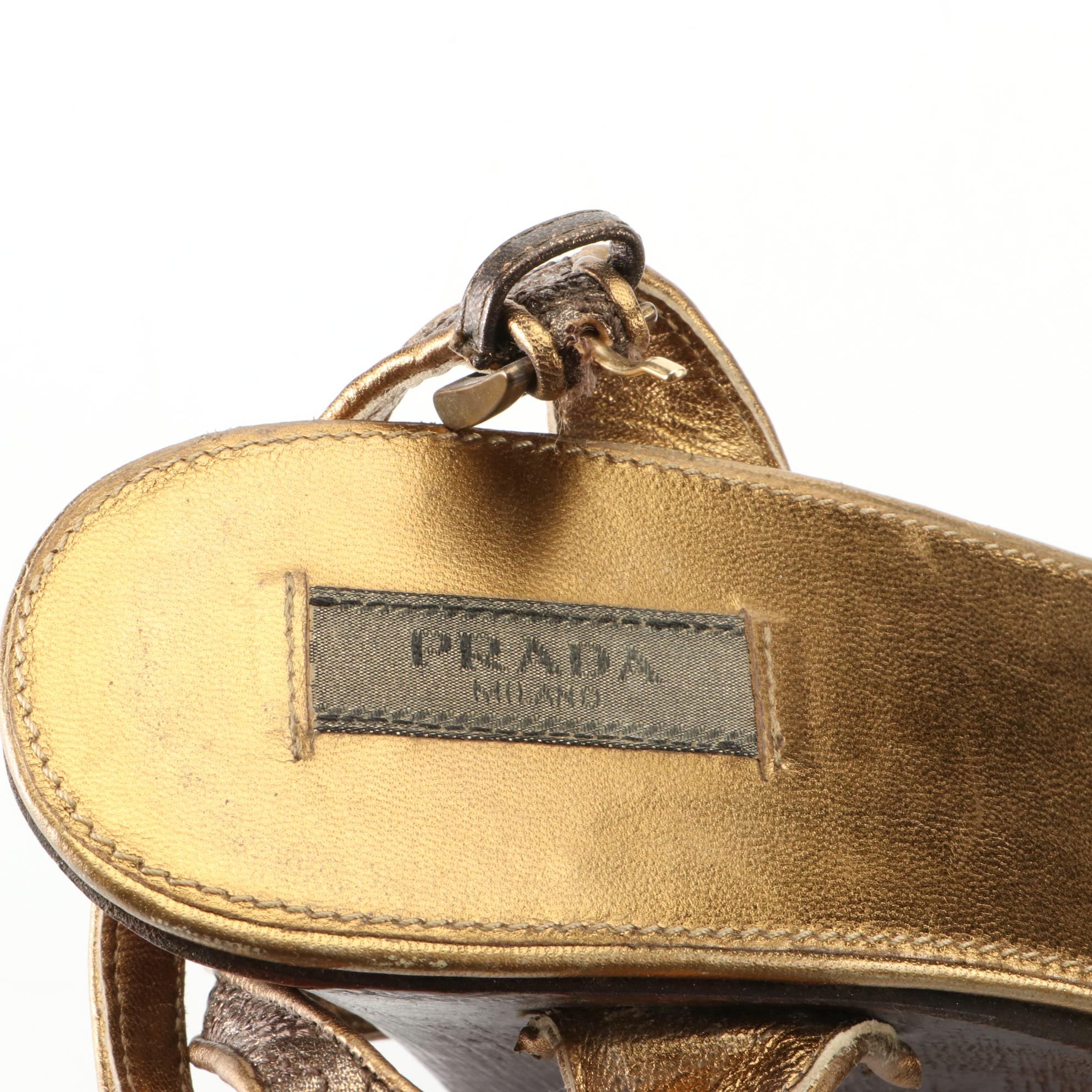 Prada Wedge Sandals in Floral Embossed Metallic Finish Leather and Wood