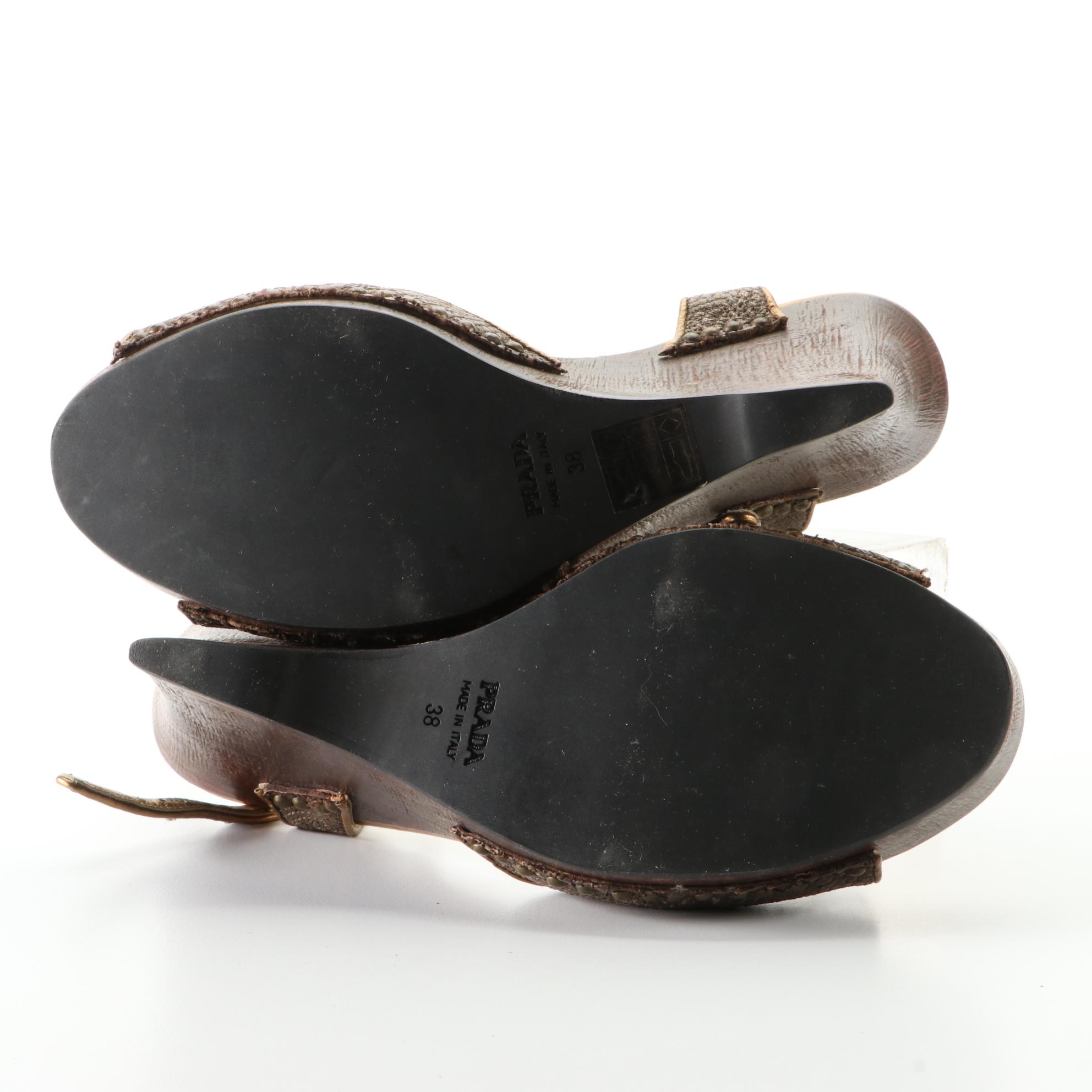 Prada Wedge Sandals in Floral Embossed Metallic Finish Leather and Wood