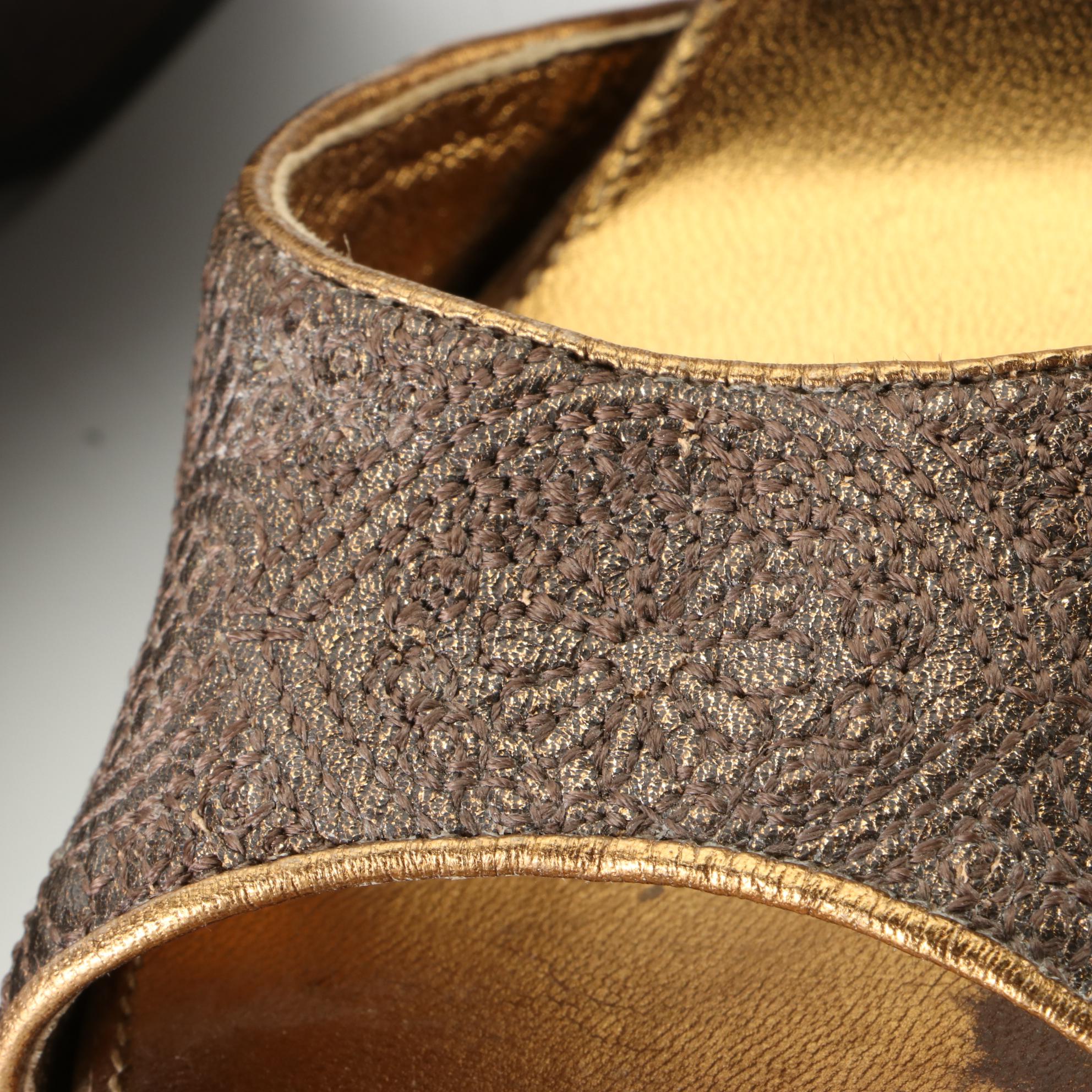 Prada Wedge Sandals in Floral Embossed Metallic Finish Leather and Wood