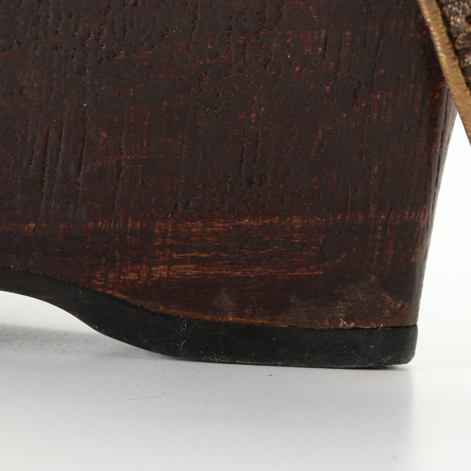 Prada Wedge Sandals in Floral Embossed Metallic Finish Leather and Wood