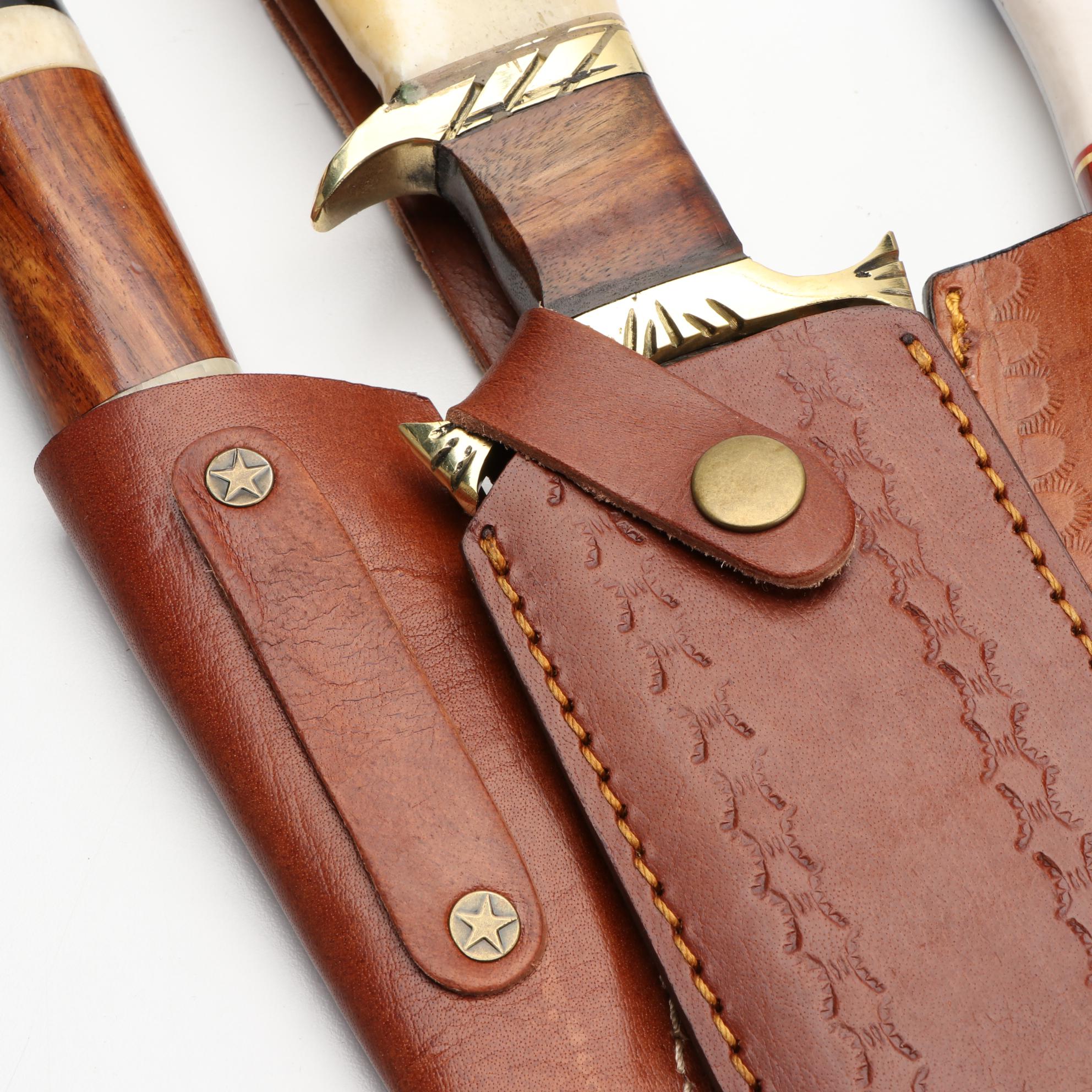 Three Damascus Steel, Wood, and Bone Handled Fixed Blade Knives with Scabbards