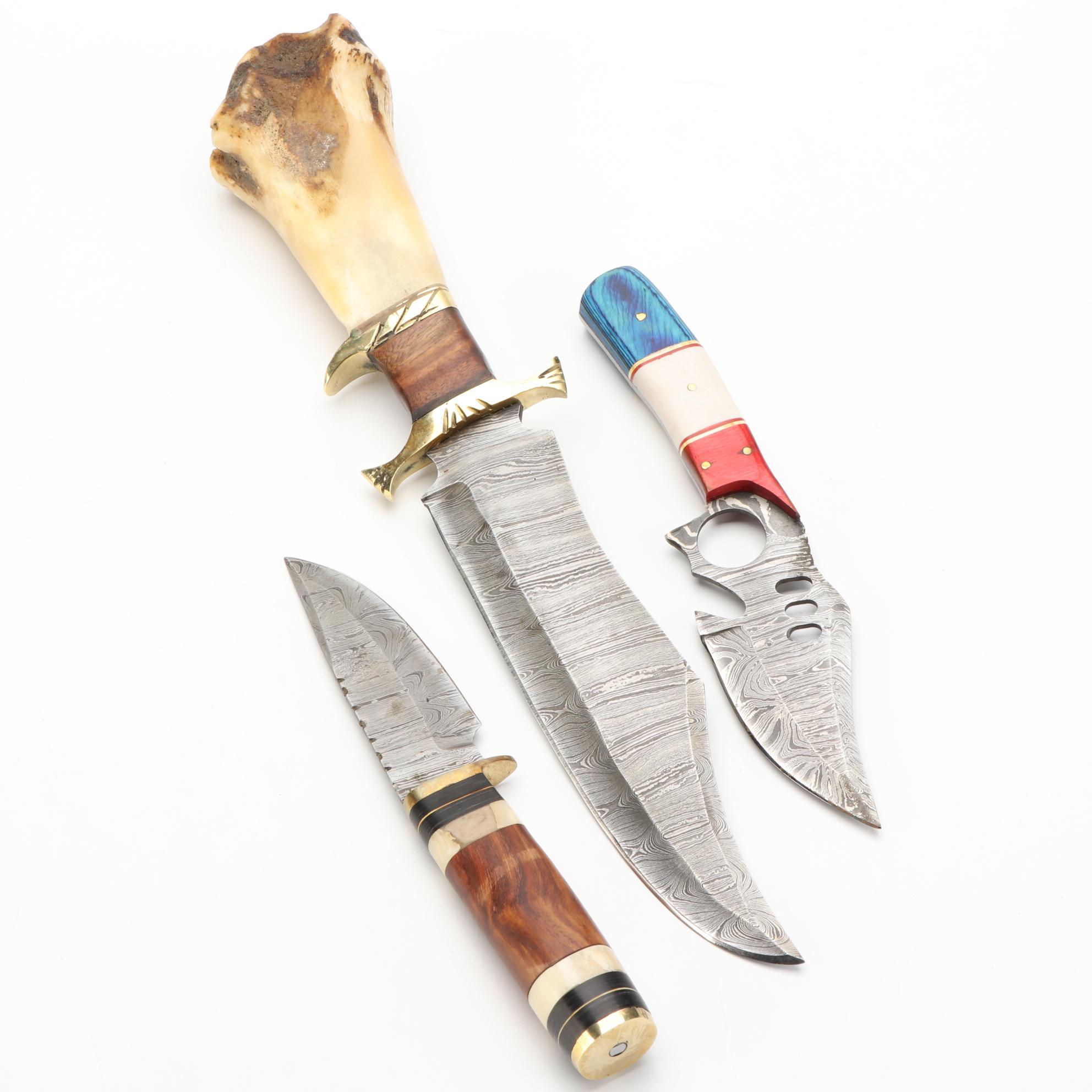 Three Damascus Steel, Wood, and Bone Handled Fixed Blade Knives with Scabbards