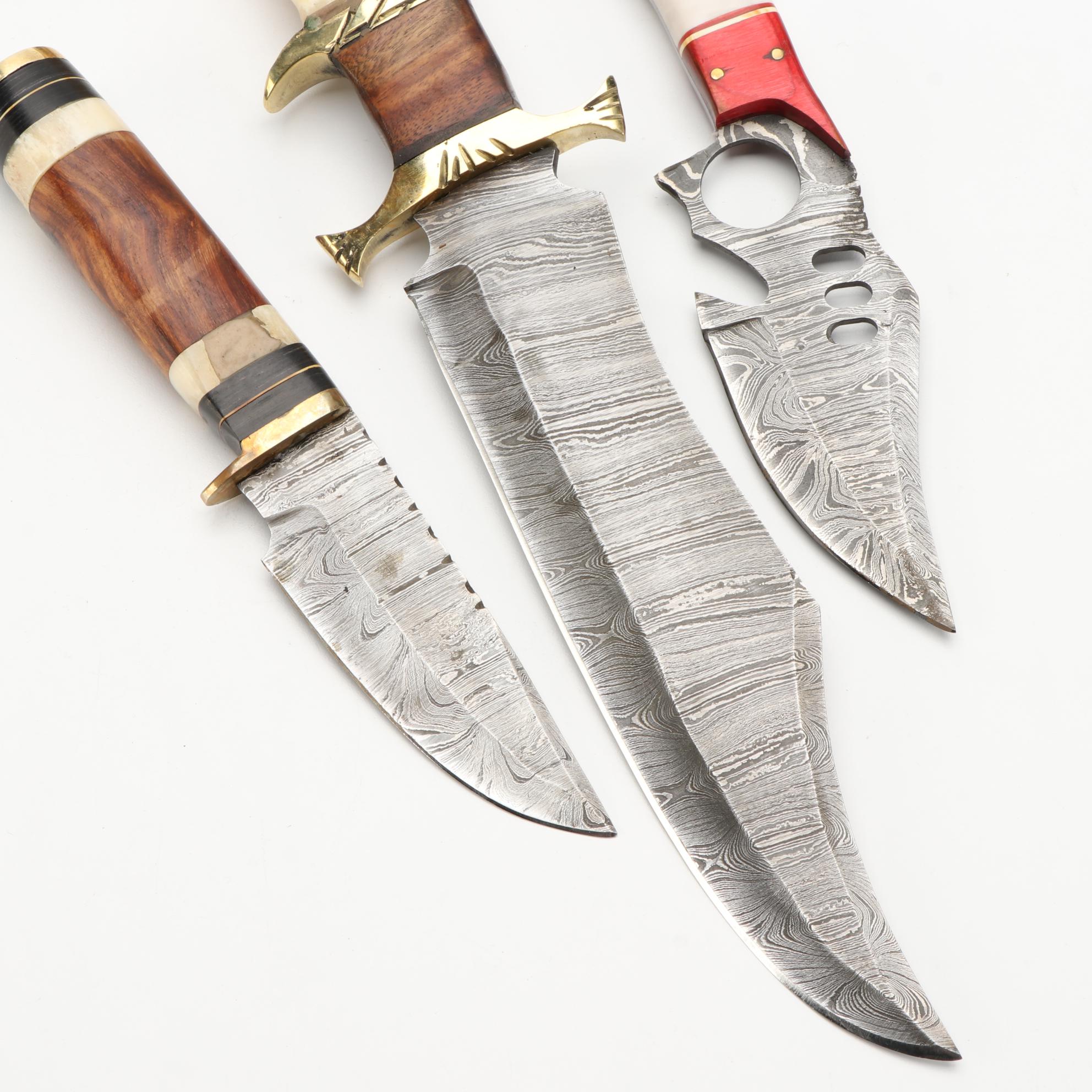 Three Damascus Steel, Wood, and Bone Handled Fixed Blade Knives with Scabbards