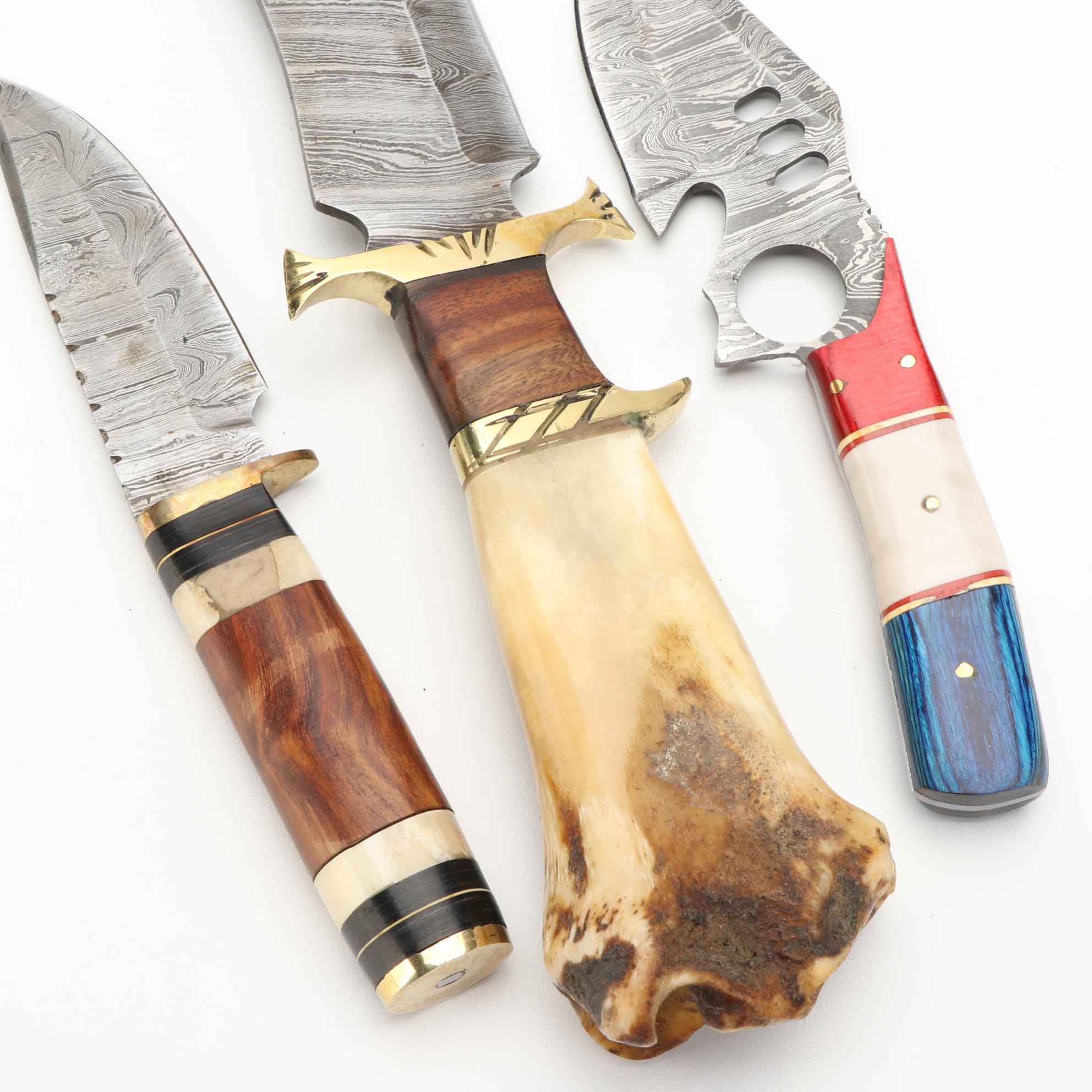 Three Damascus Steel, Wood, and Bone Handled Fixed Blade Knives with Scabbards
