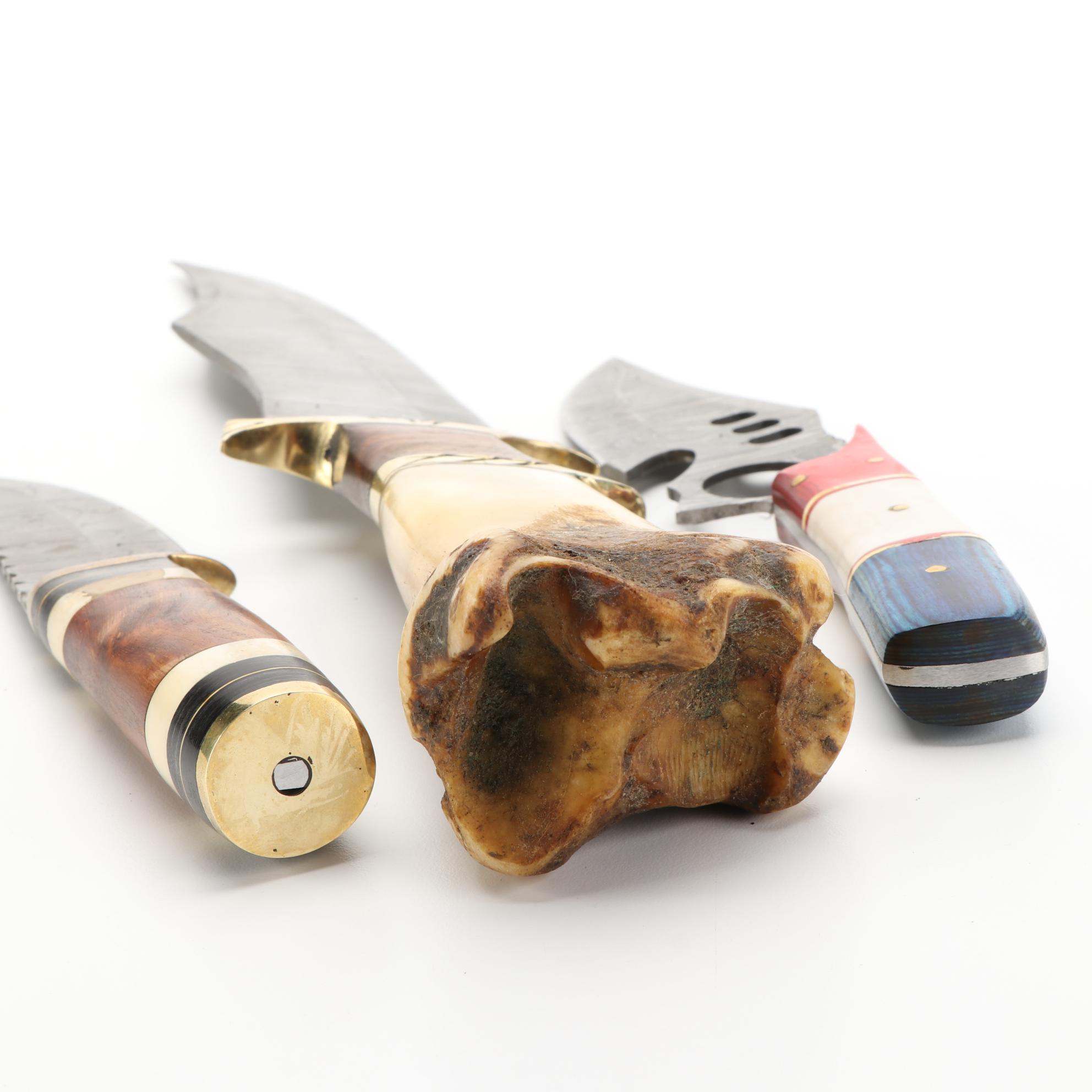 Three Damascus Steel, Wood, and Bone Handled Fixed Blade Knives with Scabbards