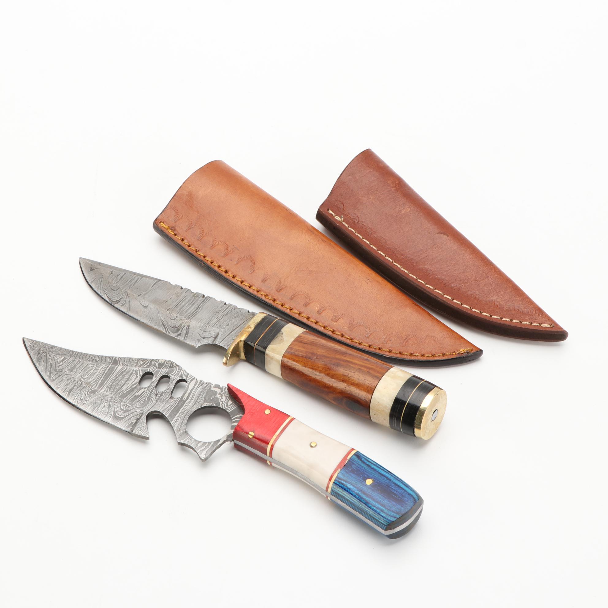 Three Damascus Steel, Wood, and Bone Handled Fixed Blade Knives with Scabbards