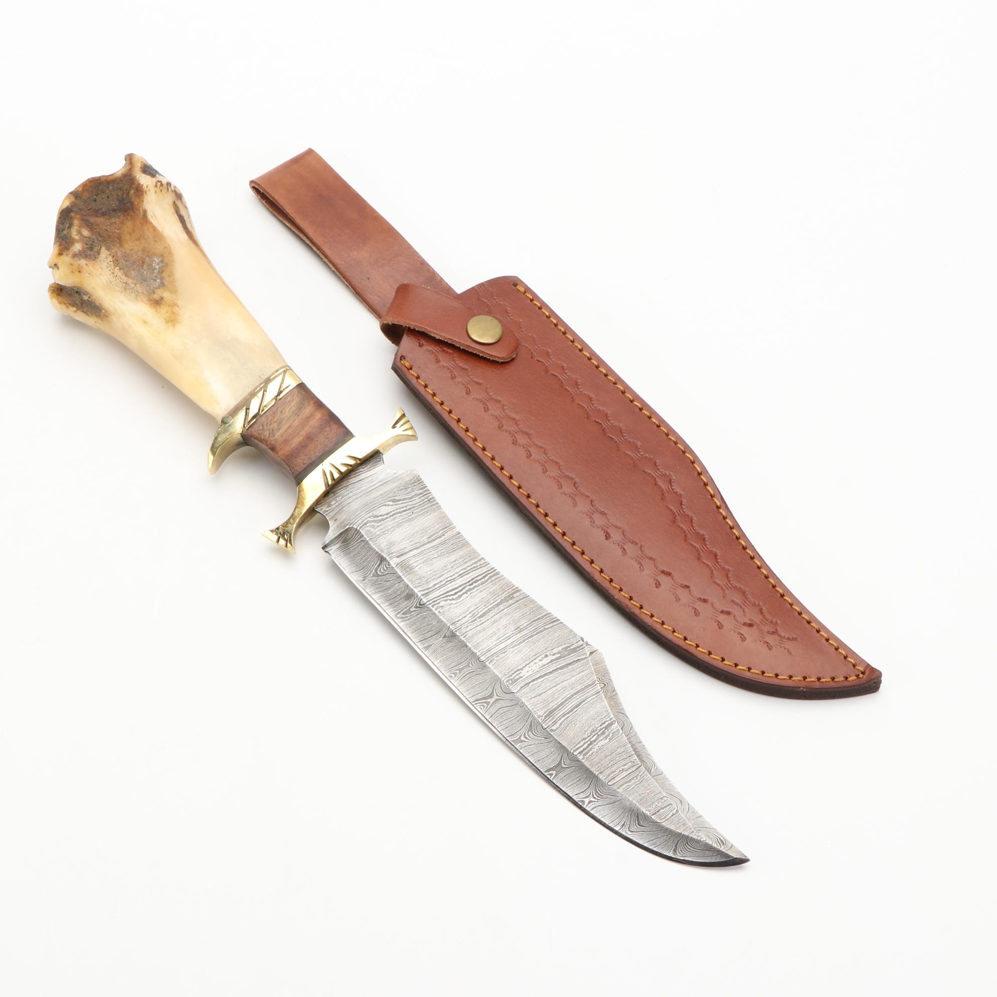 Three Damascus Steel, Wood, and Bone Handled Fixed Blade Knives with Scabbards