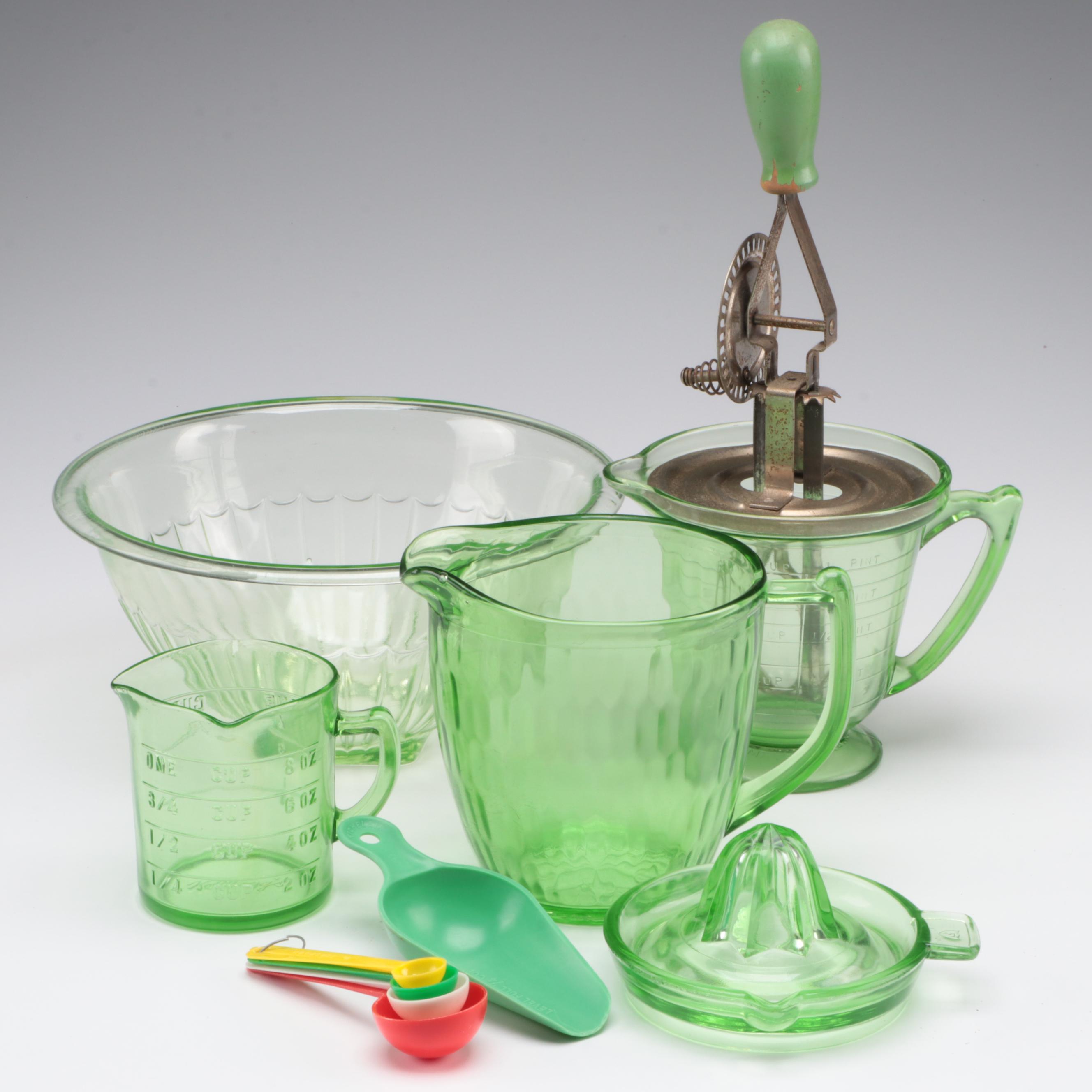 T & S Handimade Measuring Cup with Beater Attachment with Other Uranium Glass