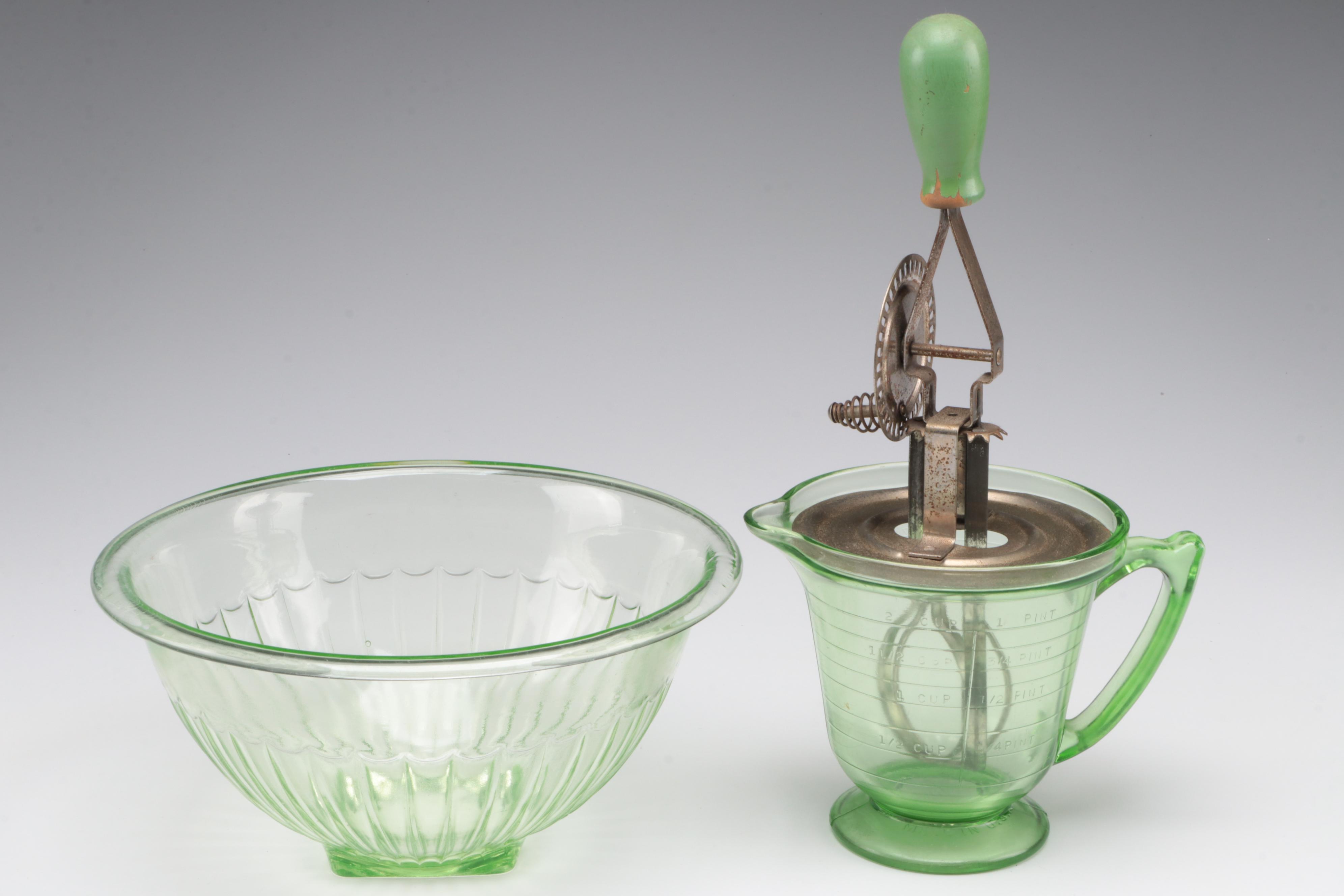 T & S Handimade Measuring Cup with Beater Attachment with Other Uranium Glass