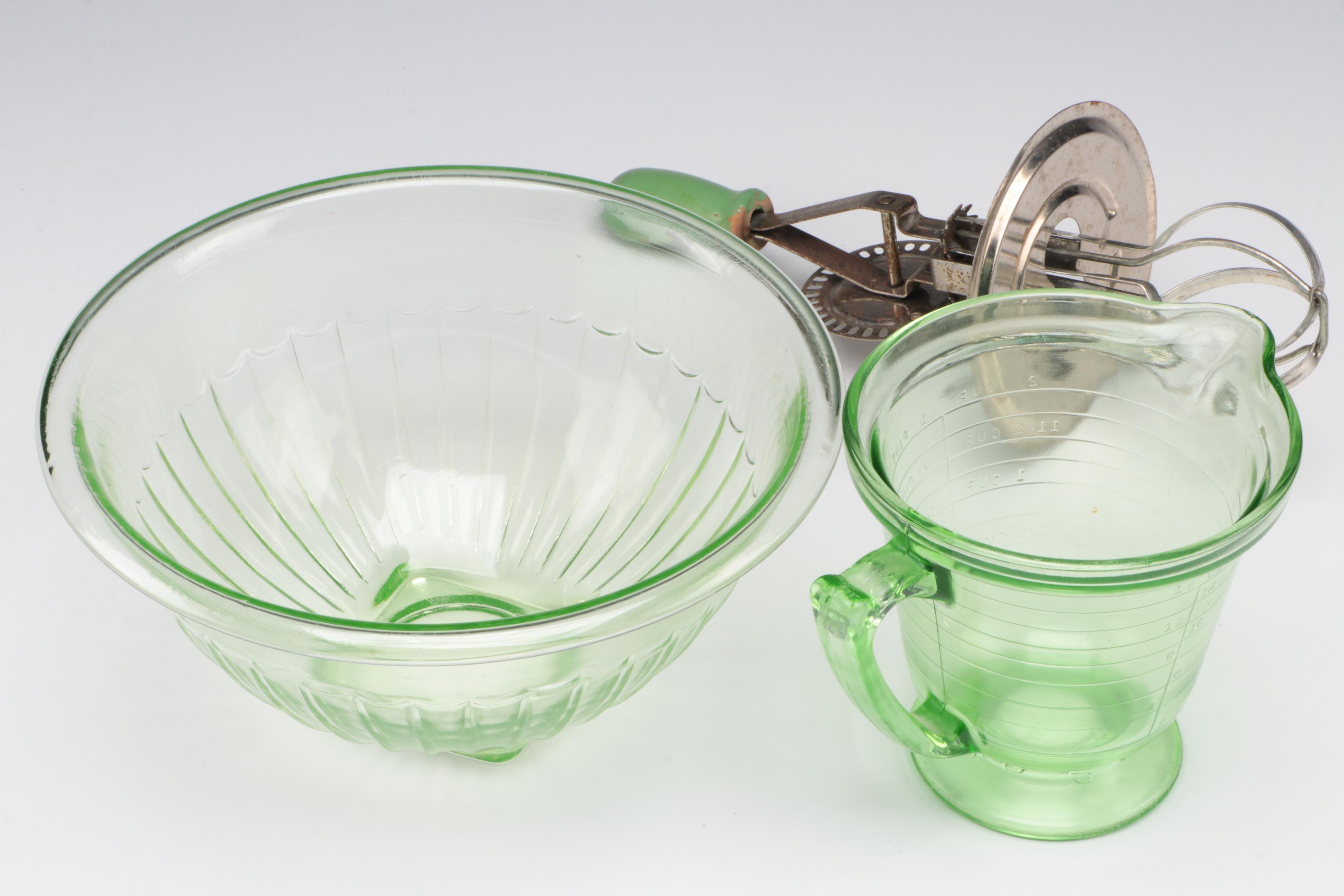 T & S Handimade Measuring Cup with Beater Attachment with Other Uranium Glass