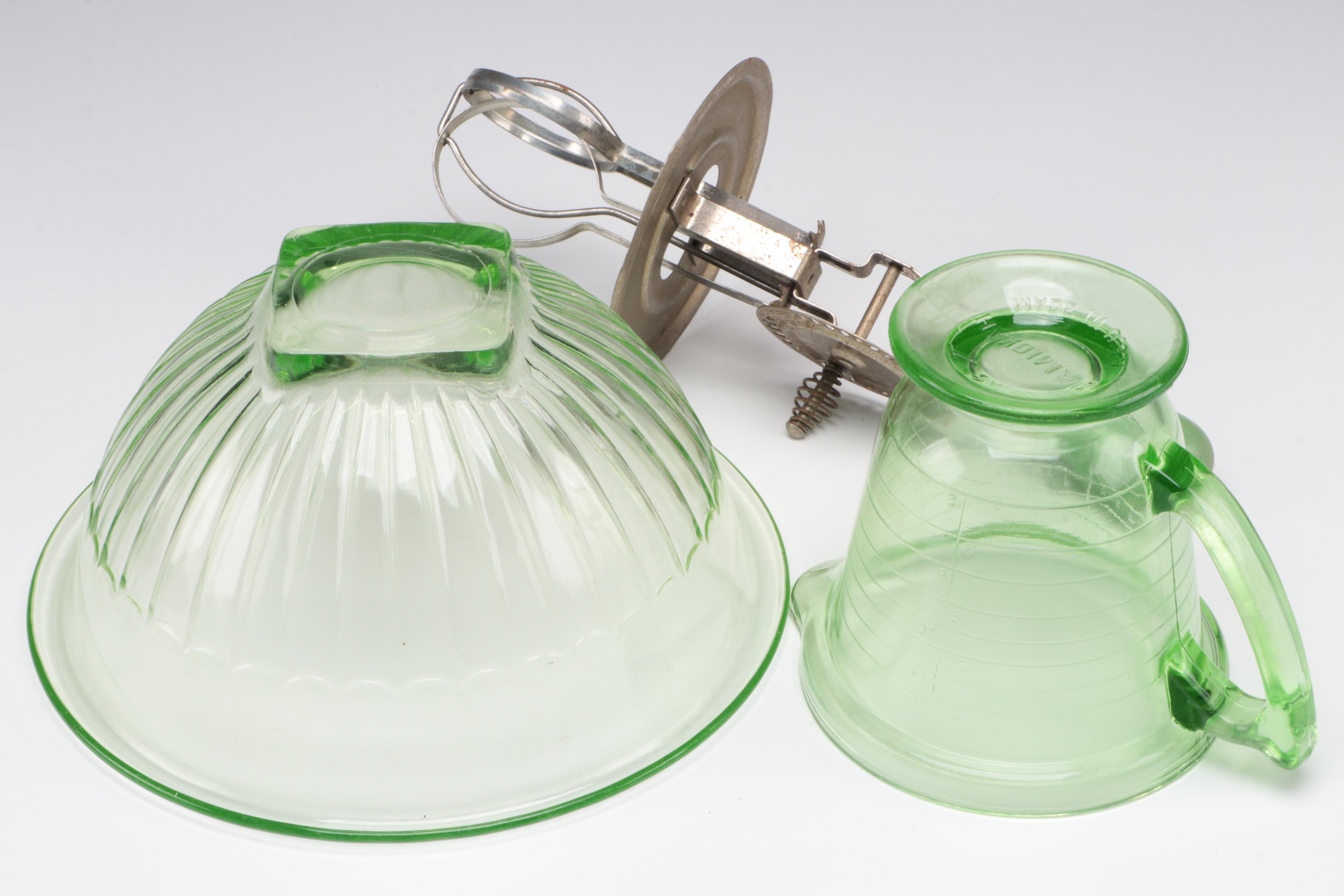 T & S Handimade Measuring Cup with Beater Attachment with Other Uranium Glass