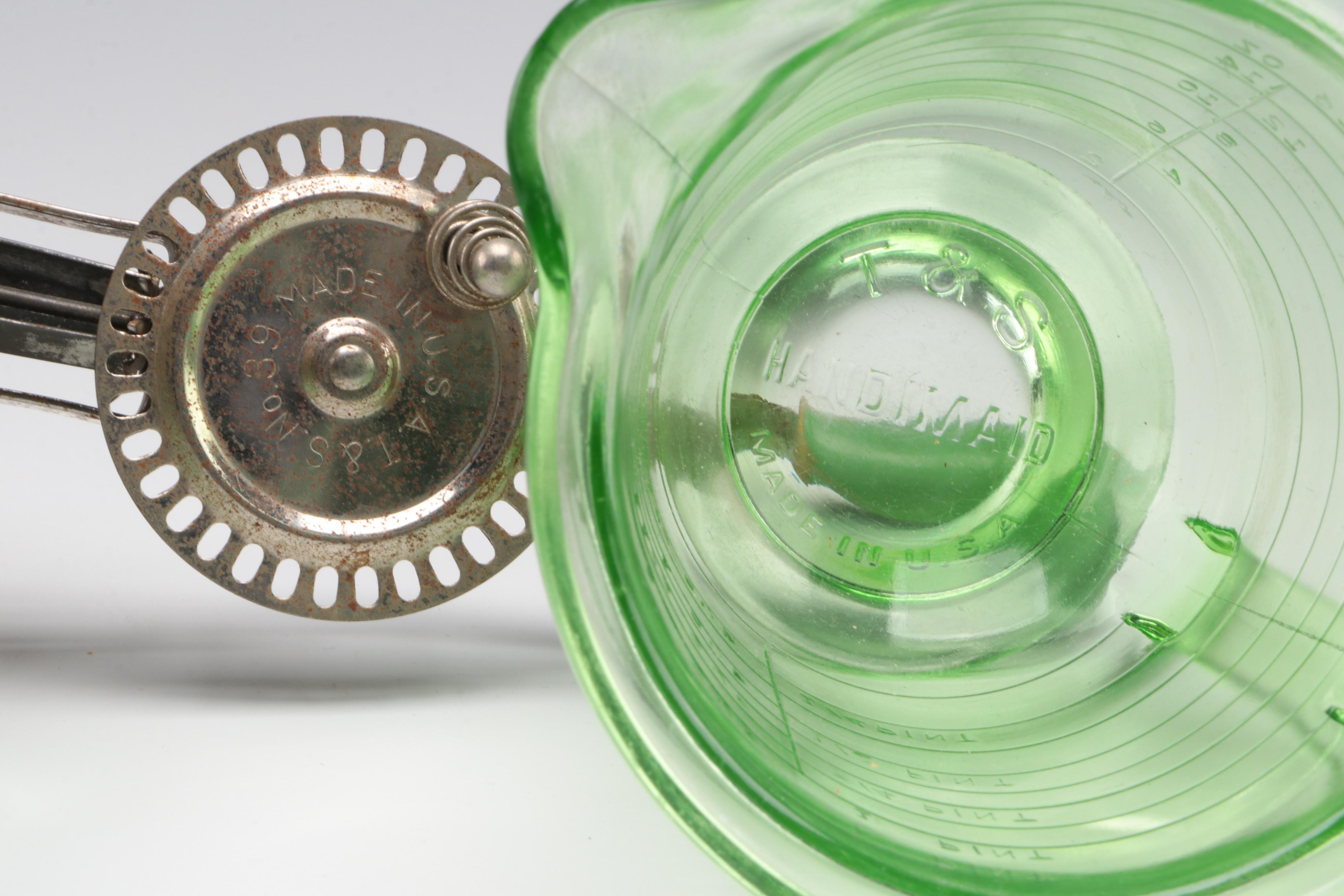 T & S Handimade Measuring Cup with Beater Attachment with Other Uranium Glass