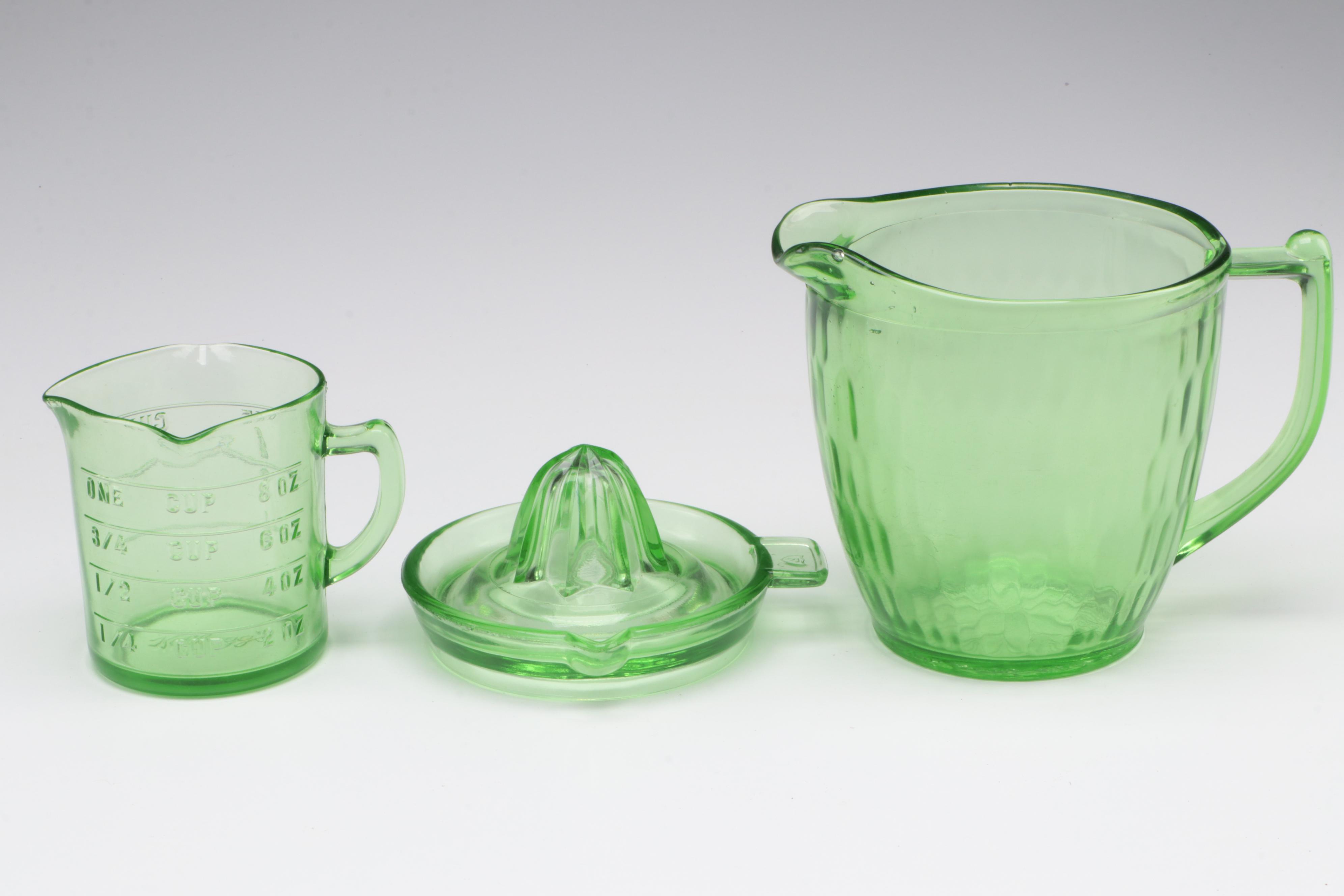 T & S Handimade Measuring Cup with Beater Attachment with Other Uranium Glass