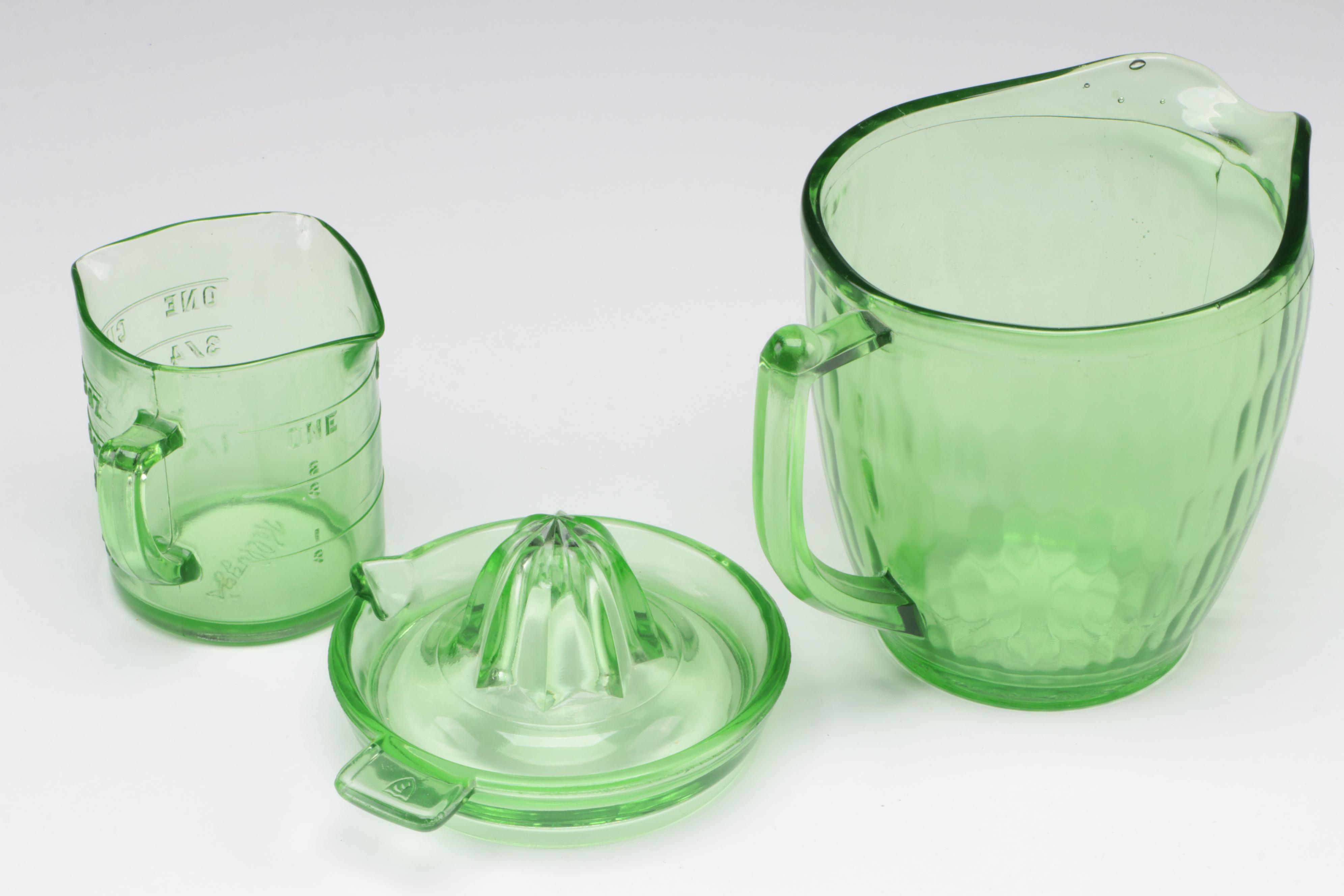 T & S Handimade Measuring Cup with Beater Attachment with Other Uranium Glass